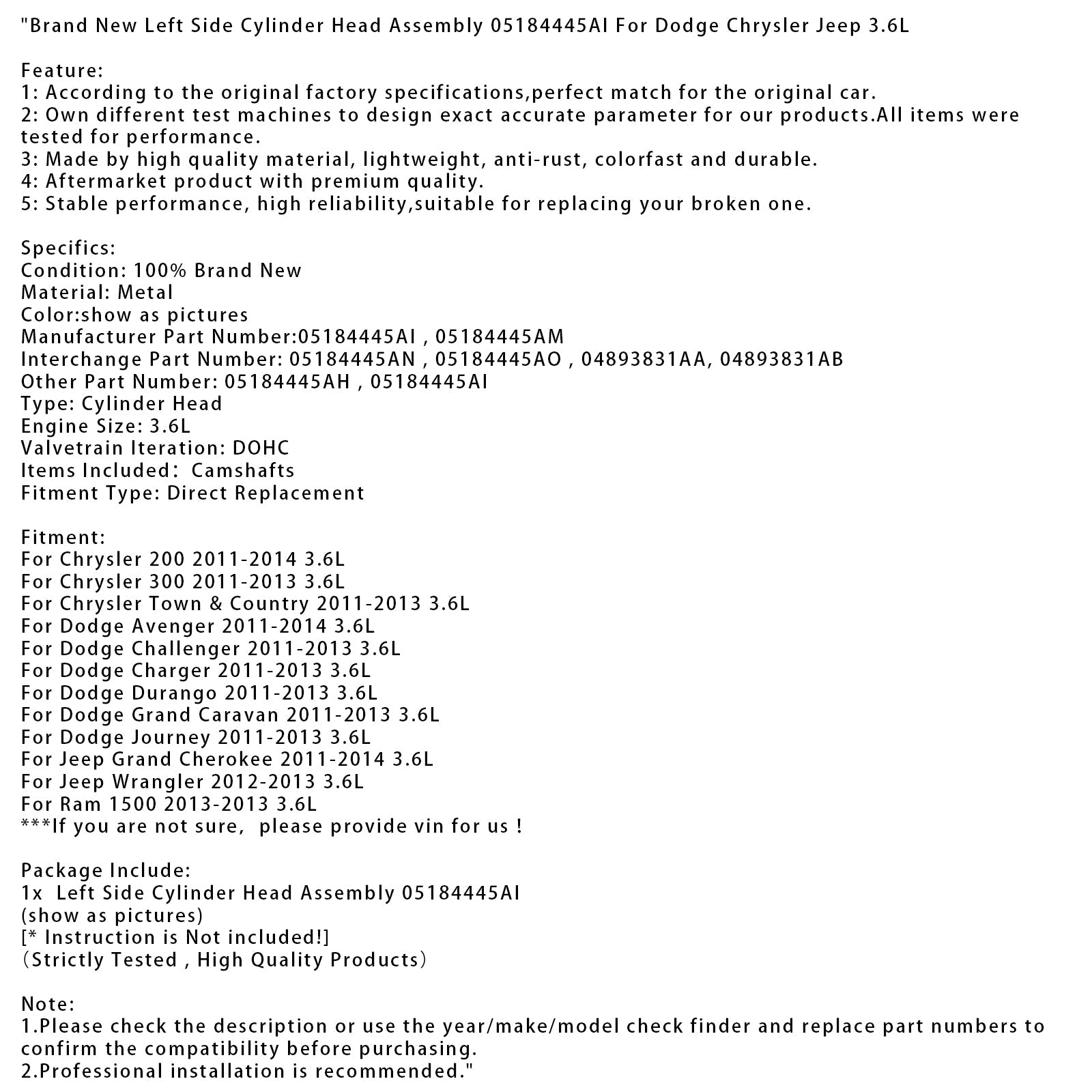 Brand New Left Side Cylinder Head 05184445AI For Dodge Chrysler Jeep 3.6L