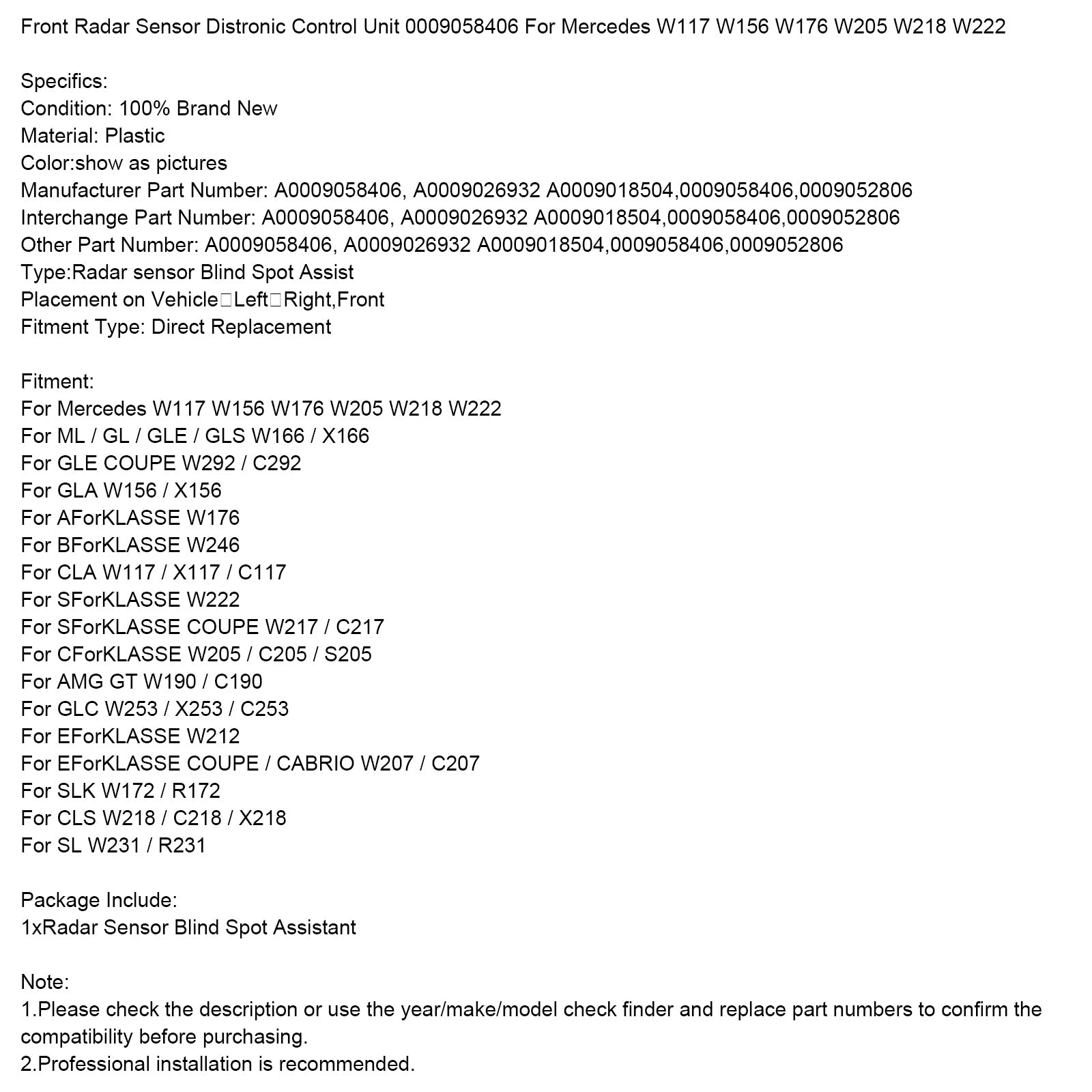 Mercedes Benz GLE COUPE W292 / C292 Front Radar Sensor Distronic Control Unit 0009058406