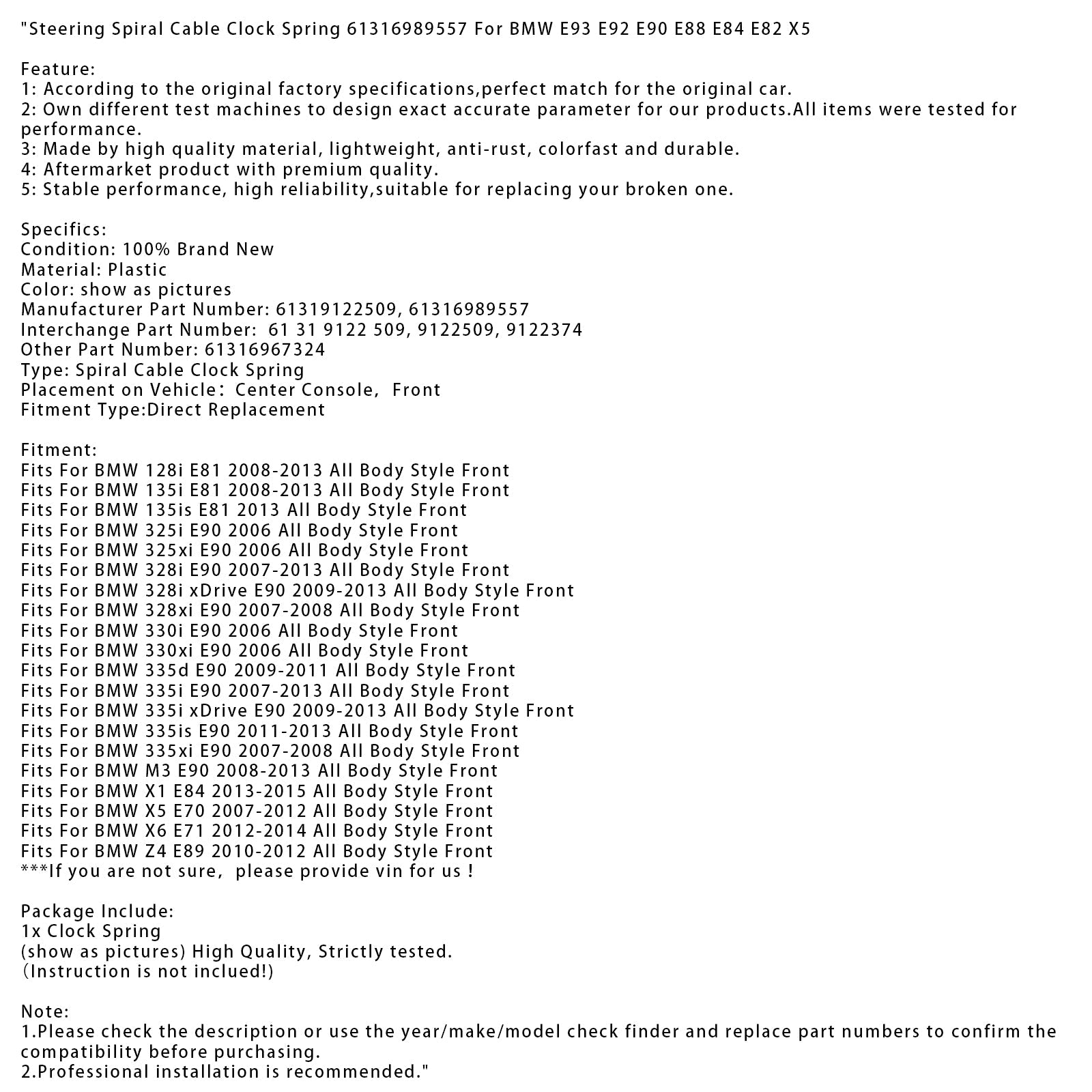 Steering Spiral Cable Clock Spring 61316989557 For BMW E93 E92 E90 E88 E84 E82