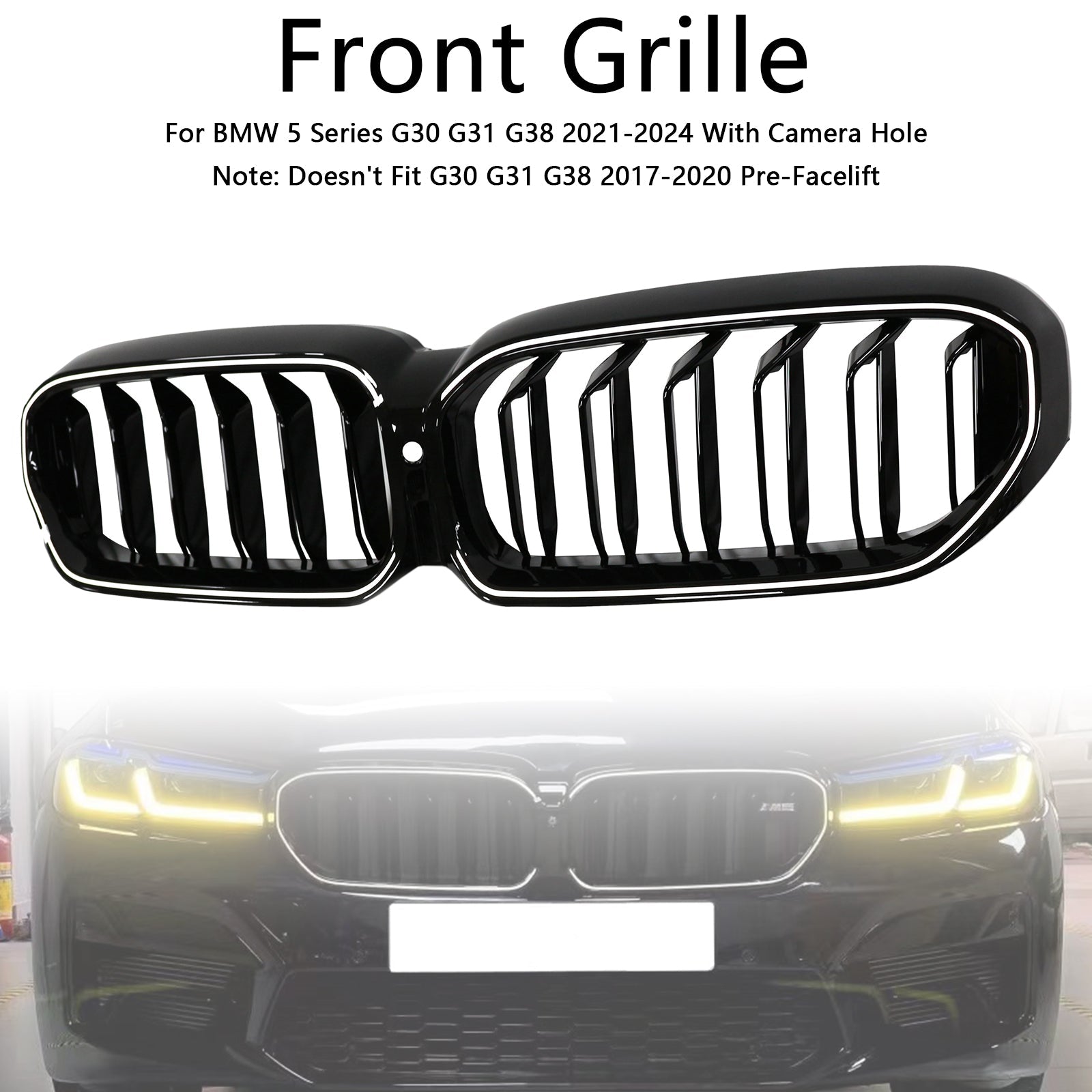 Double Slat Front Kidney Grille Fit BMW 5 Series G30 G38 2021-2024 Gloss Black