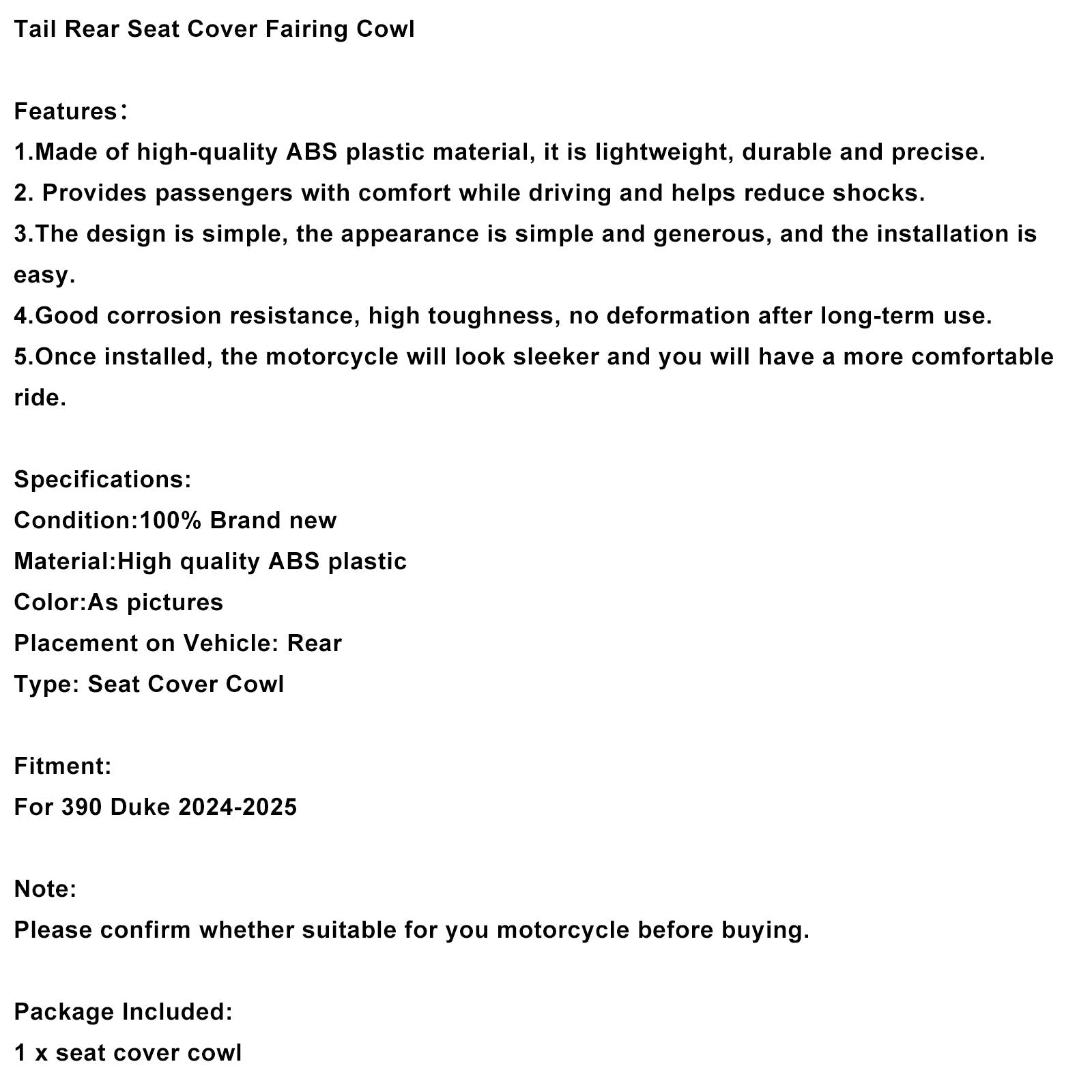 2024-2025 390 Duke Tail Rear Seat Cover Fairing Cowl