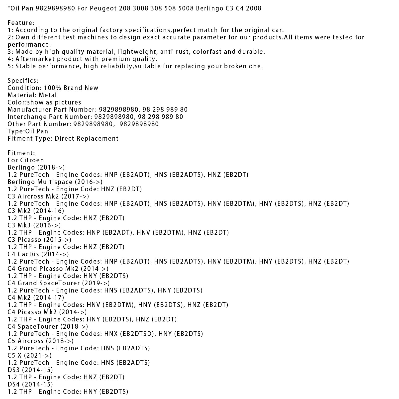 2014-2016 Citroen C3 Mk2 1.2 THP Oil Pan 9829898980 9829898980