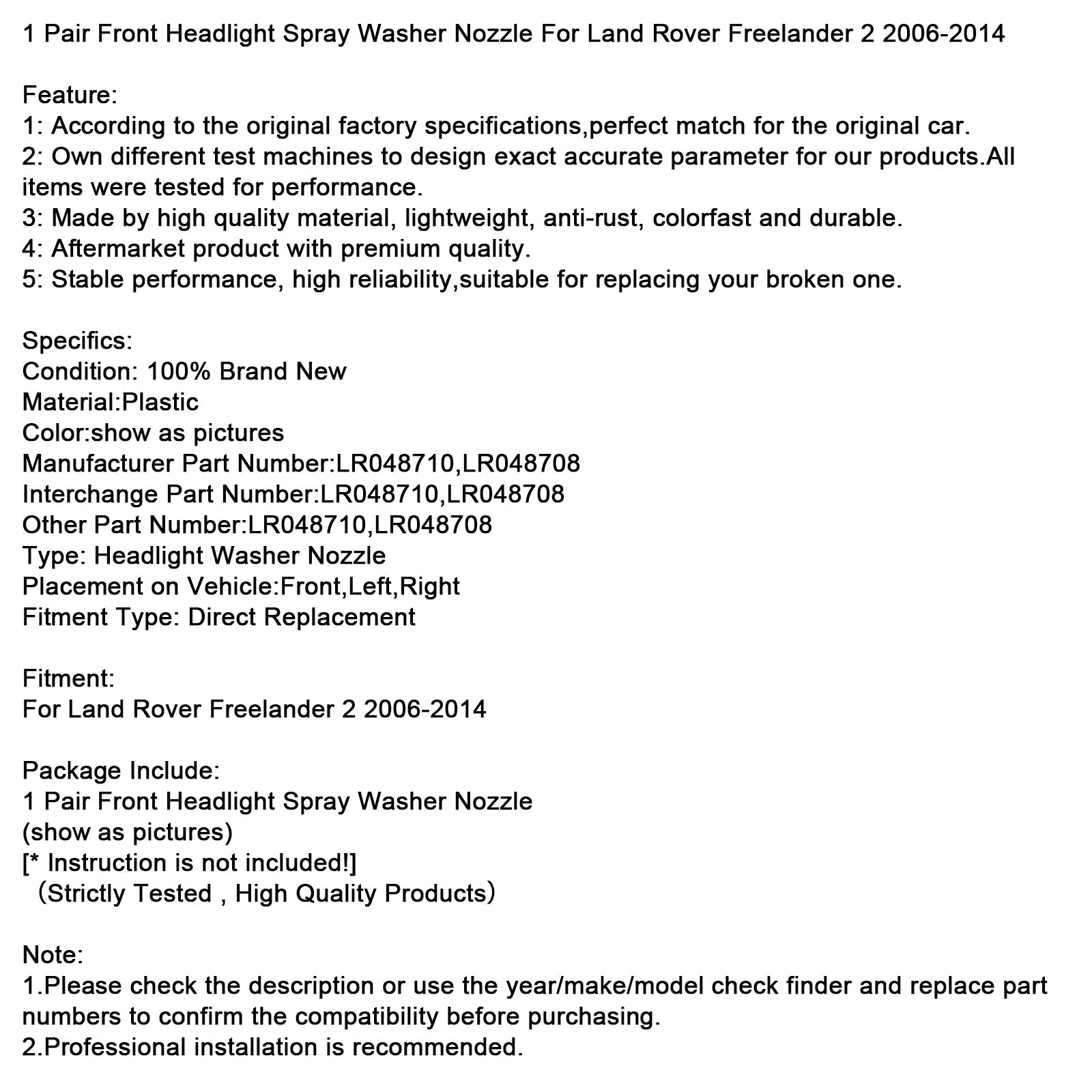 2006-2014 Land Rover Freelander 2 1 Pair Front Headlight Spray Washer Nozzle