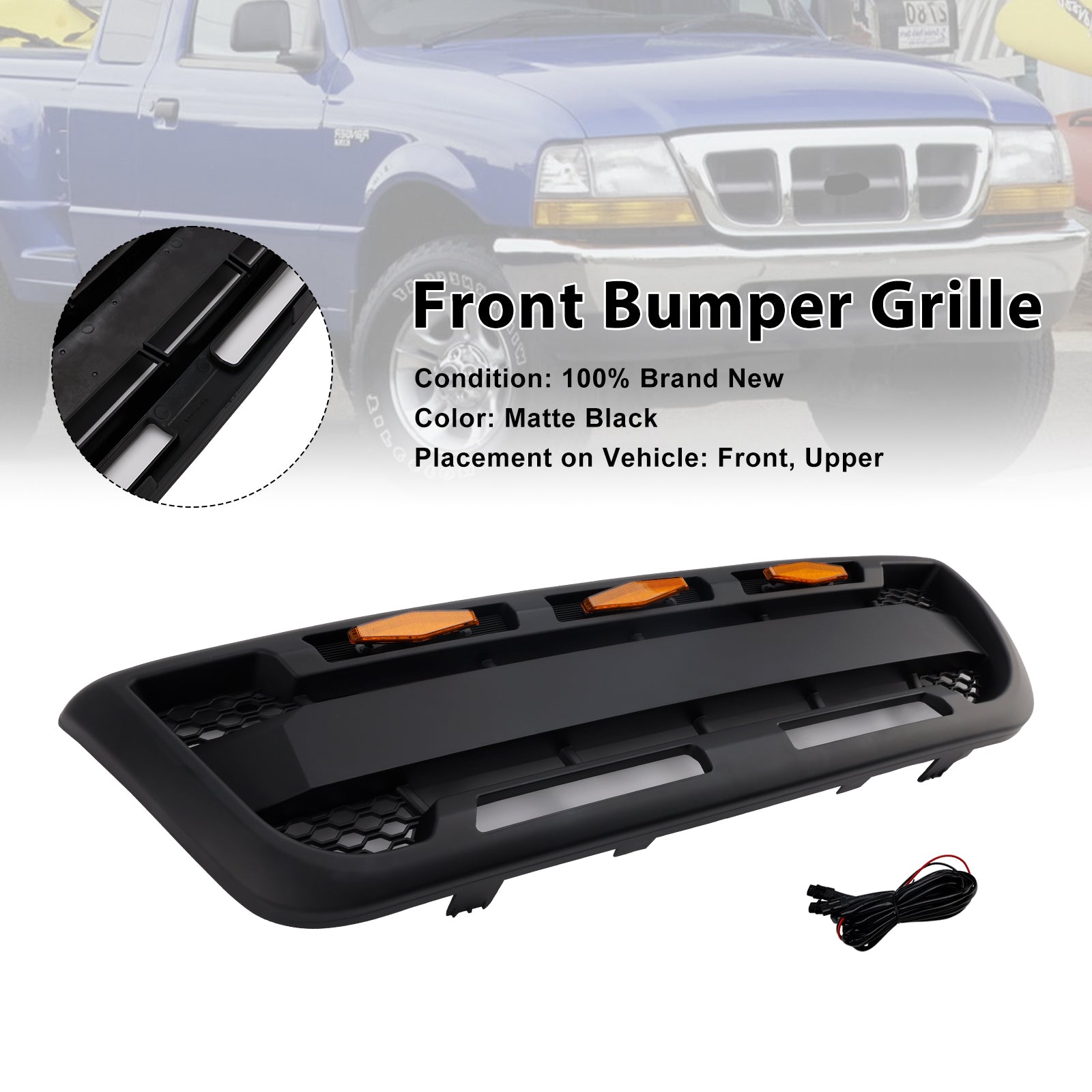 Matt Black Front Bumper Grille Grill Fit 1998-2000 Ford Ranger With LED Light