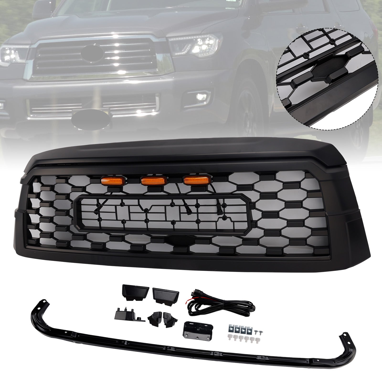 2019-2021 Toyota Sequoia W/ Led Light Black Front Bumper Grille Grill