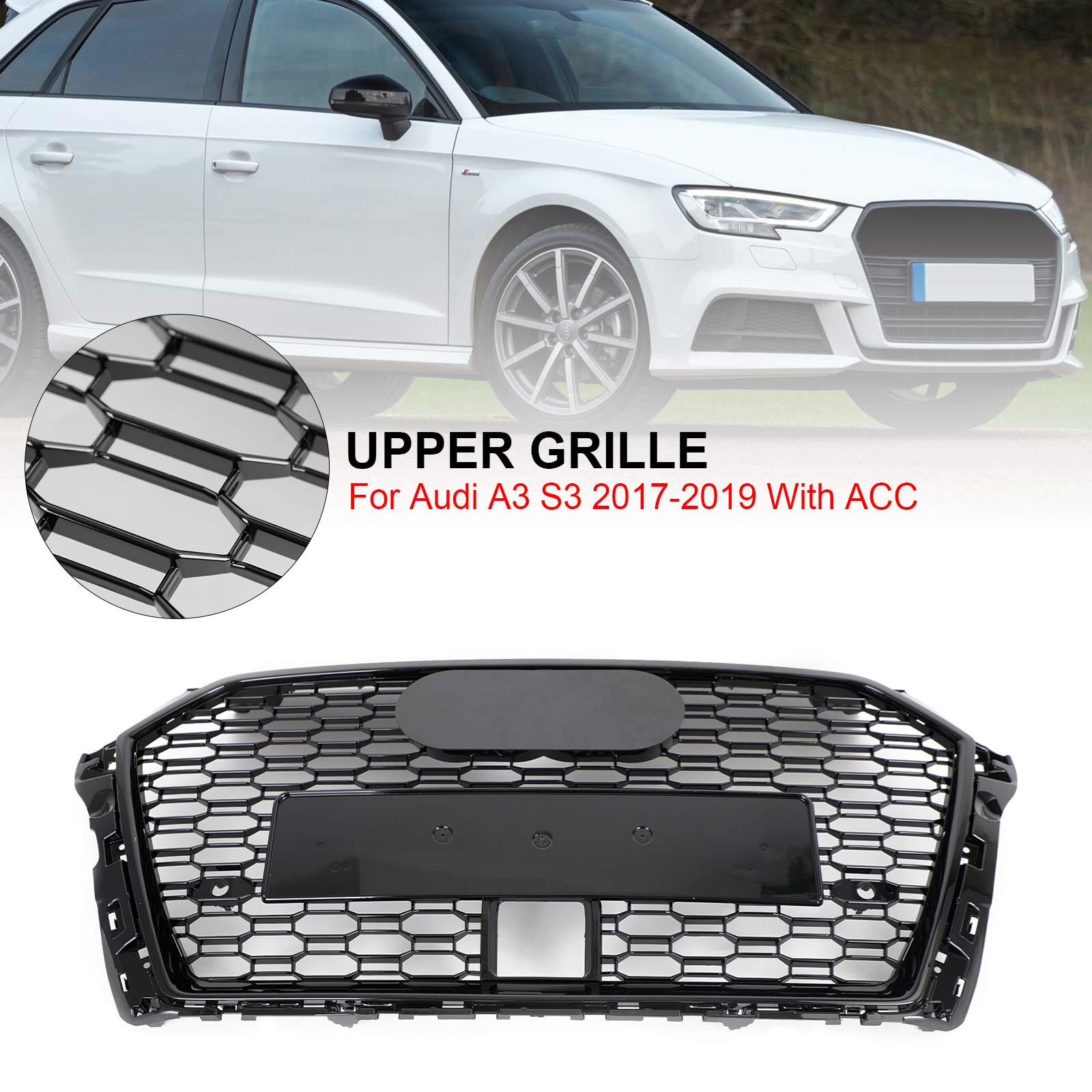 17-19 Audi A3 S3 Honeycomb Front Grille RS3 Style With ACC Gloss Black Generic
