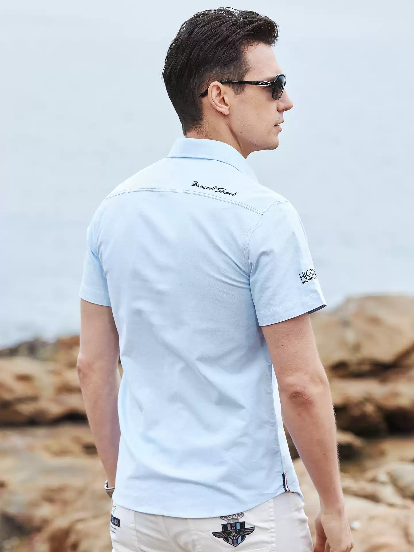 Bruce & Shark Men's Plus Size Short Sleeve Cotton Shirt Summer New Trendy Oxford Shirt