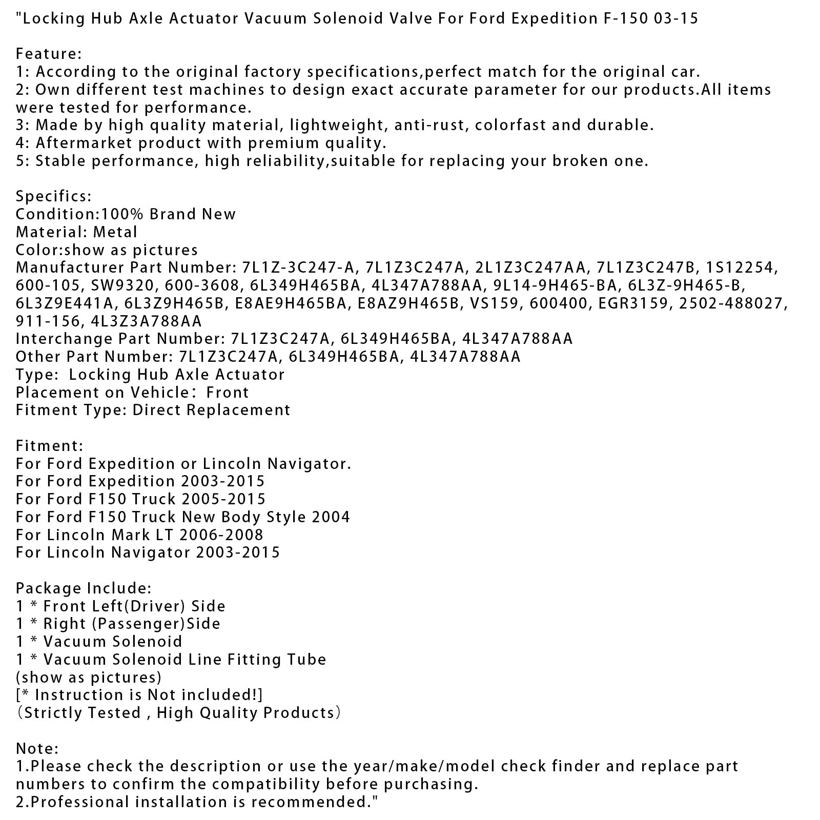 2005-2015 Ford F150 Truck  Locking Hub Axle Actuator Vacuum Solenoid Valve 7L1Z3C247A 6L349H465BA