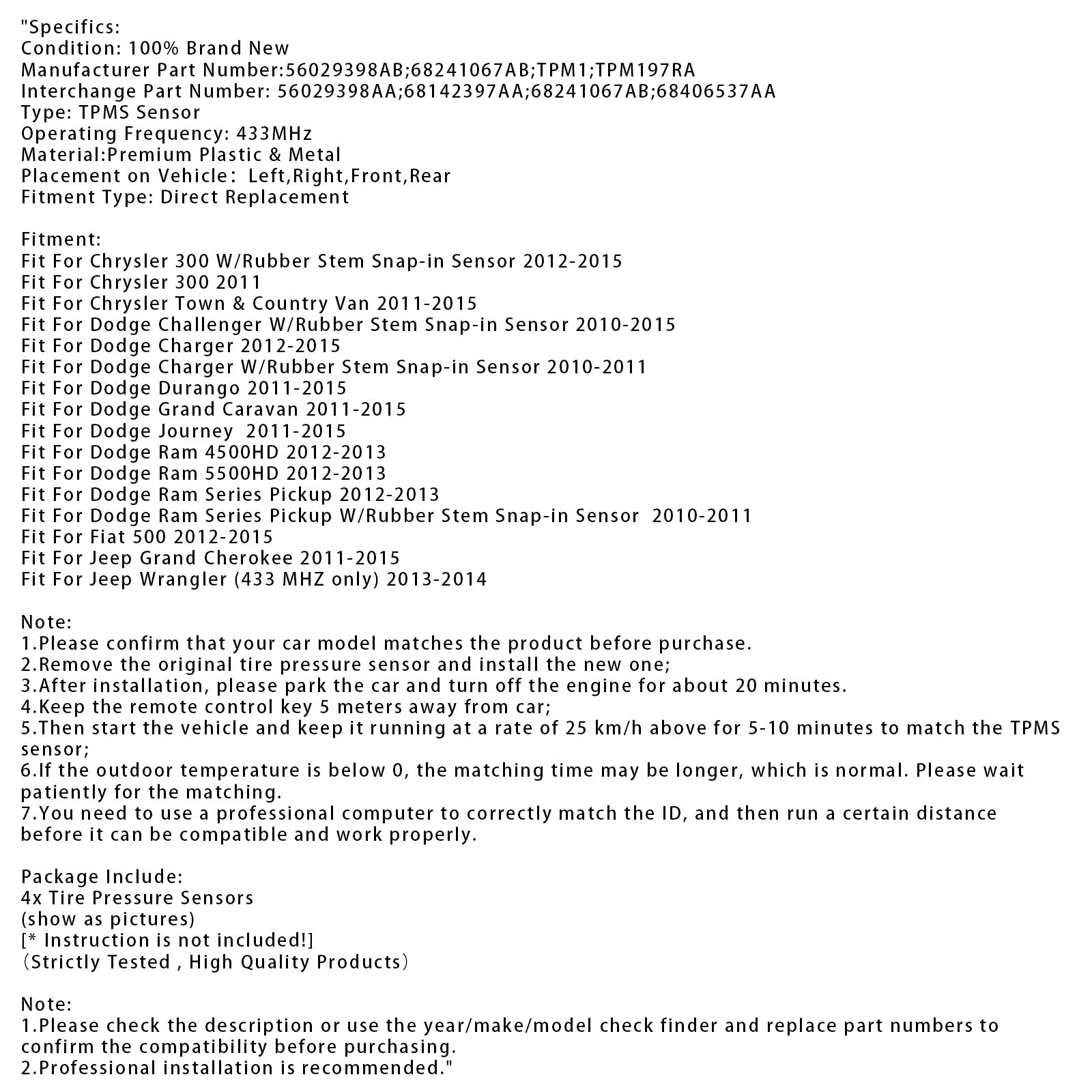 4X TPMS Tire Pressure Sensor For Dodge Jeep Chrysler RAM 56029398AB