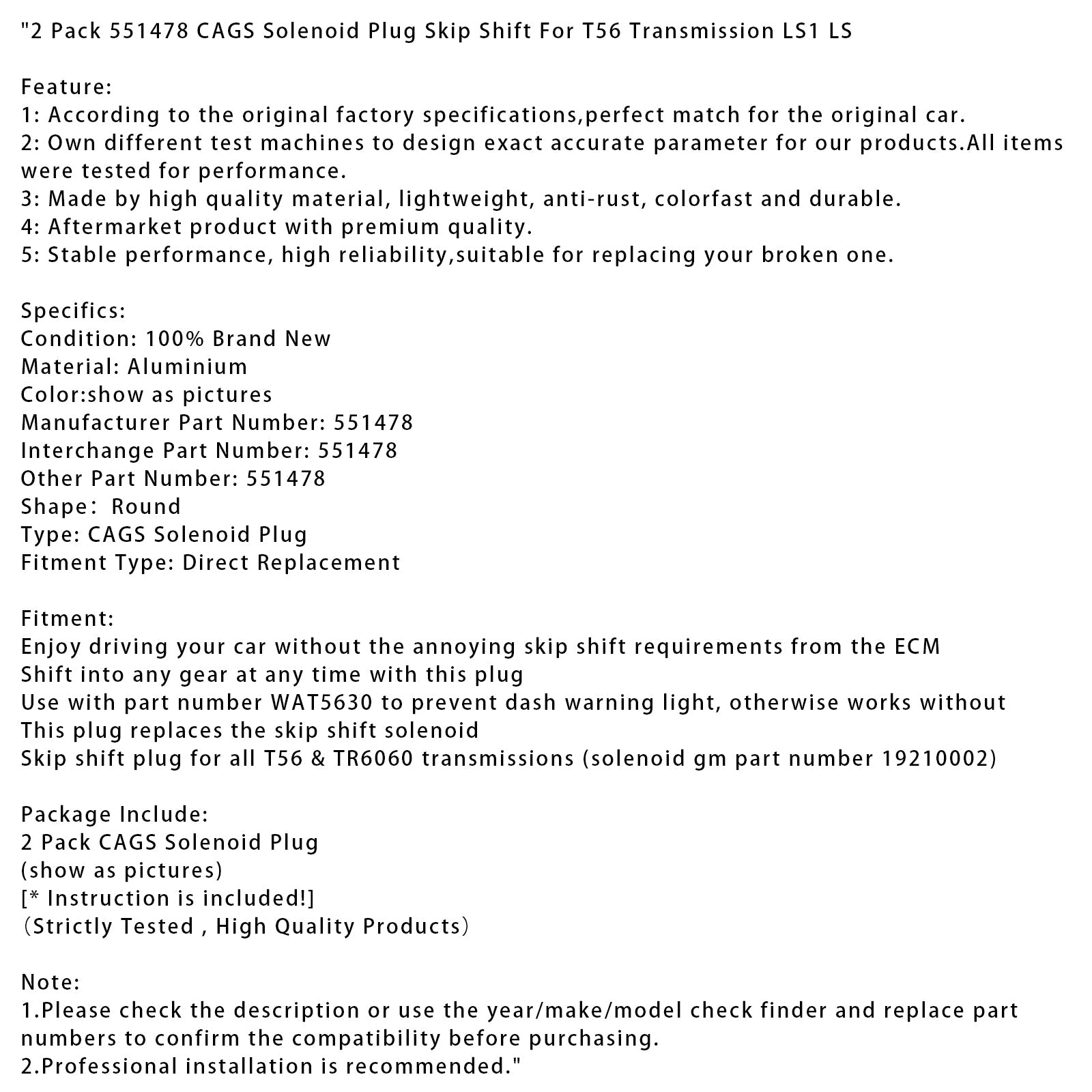 2 Pack 551478 Solenoid Plug Skip Shift For T56 Transmission LS1 LS