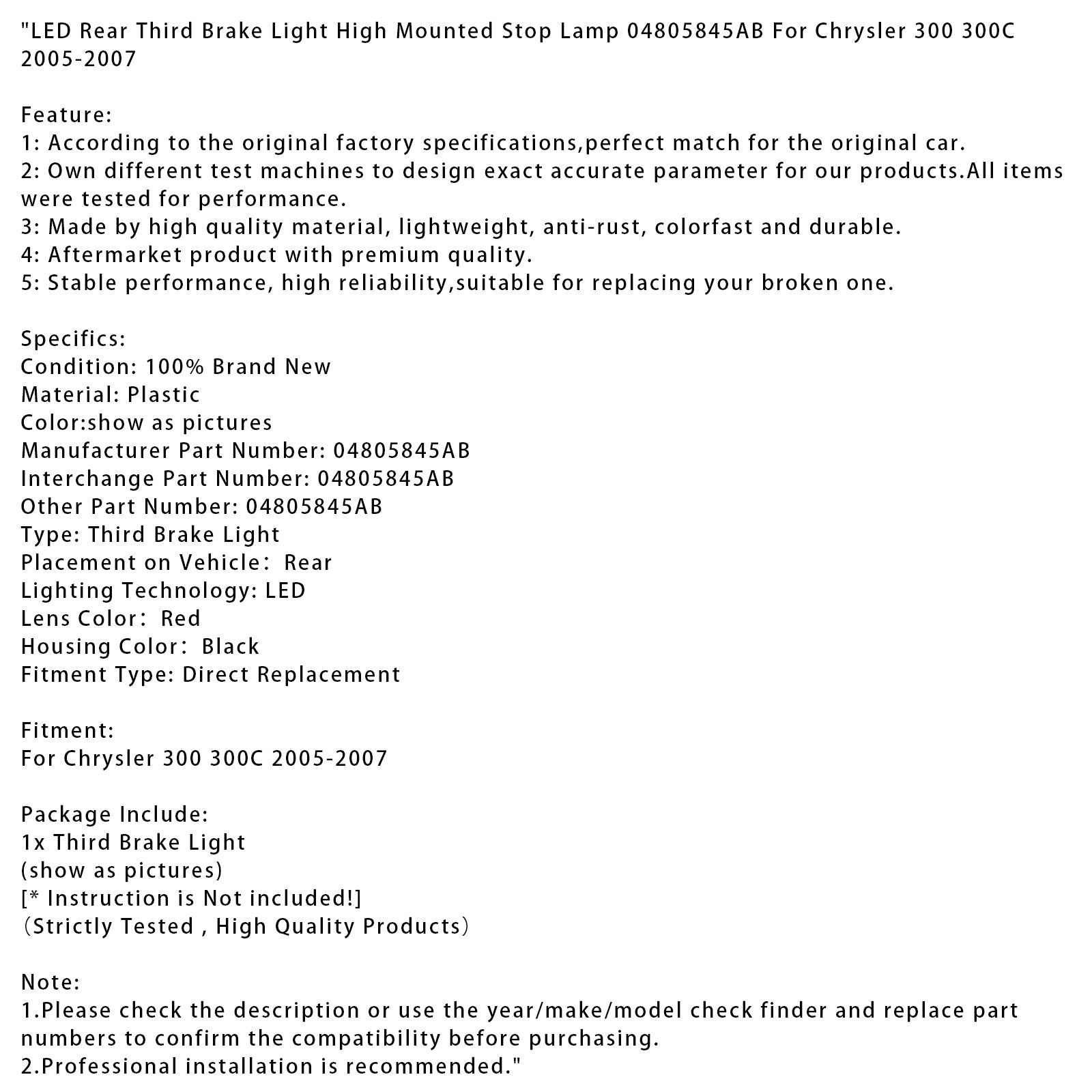 2005-2007 Chrysler 300 300C LED Rear Third Brake Light High Mounted Stop Lamp