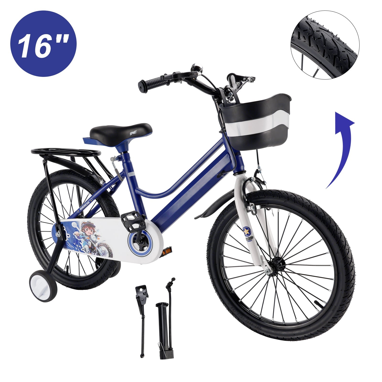 16"/18" Kids Bike for Boys and Girls with auxiliary wheels & Rack & Basket