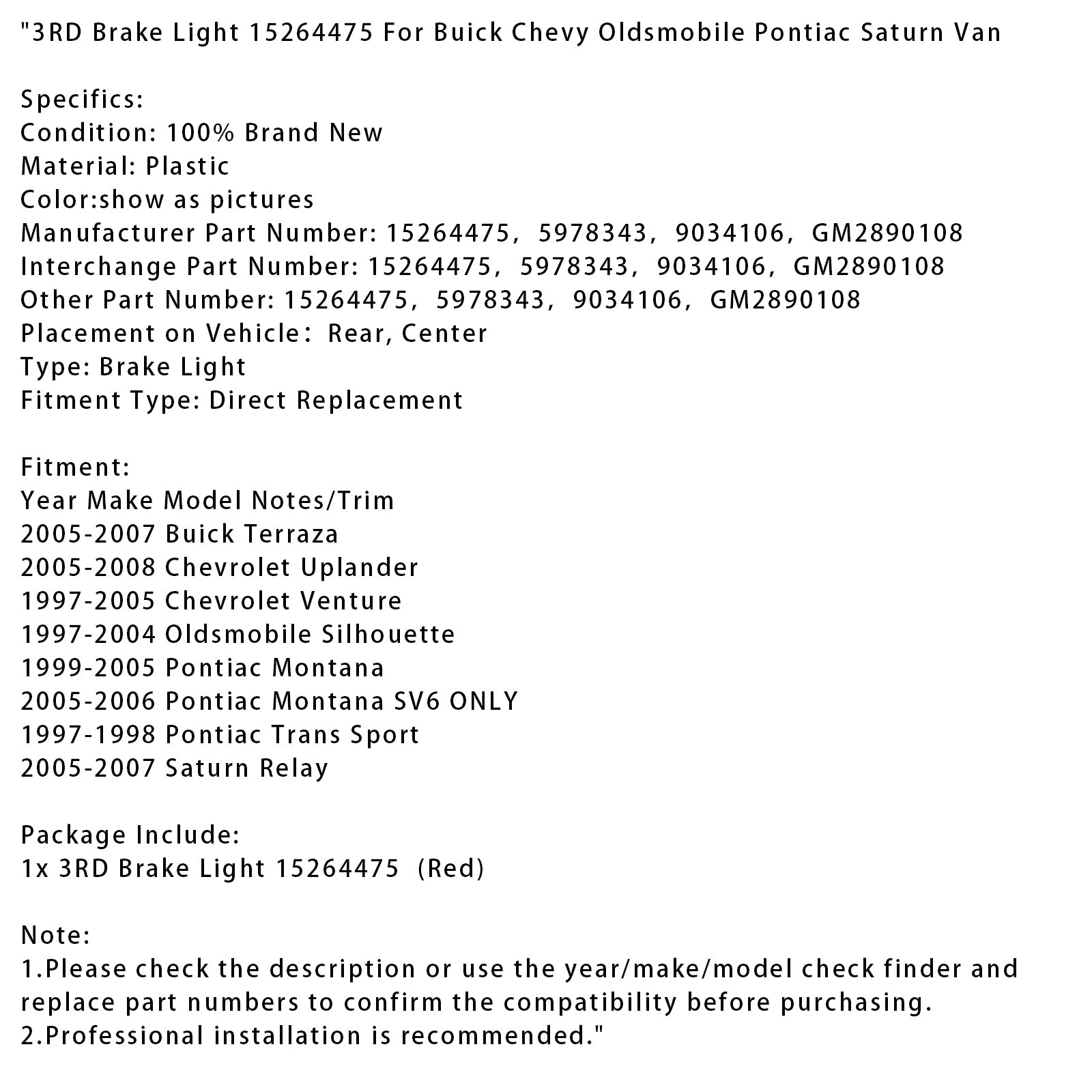 3RD Brake Light 15264475 For Buick Chevy Oldsmobile Pontiac Saturn Van