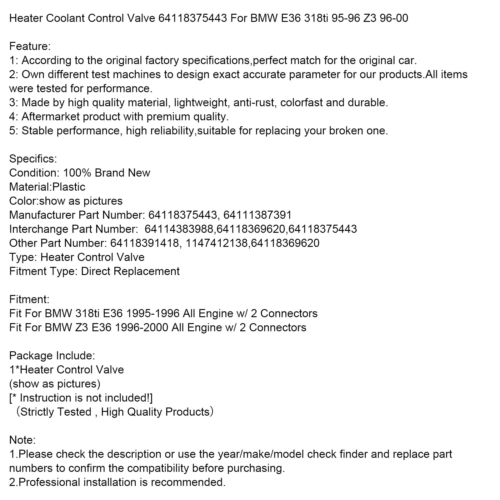 Heater Coolant Control Valve 64118375443 For BMW E36 318ti 95-96 Z3 96-00