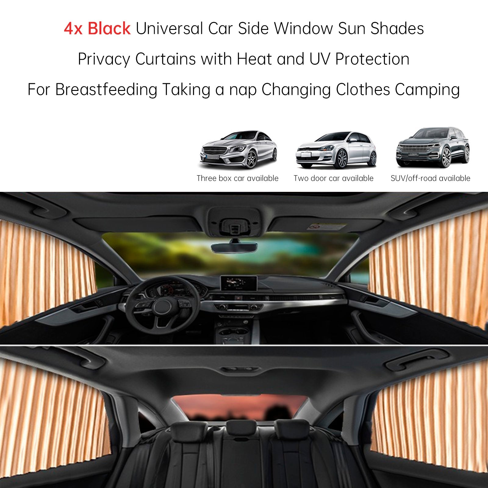 4 PCS Universal Car Side Window Sun Shades Gold For Breast feeding Taking a nap