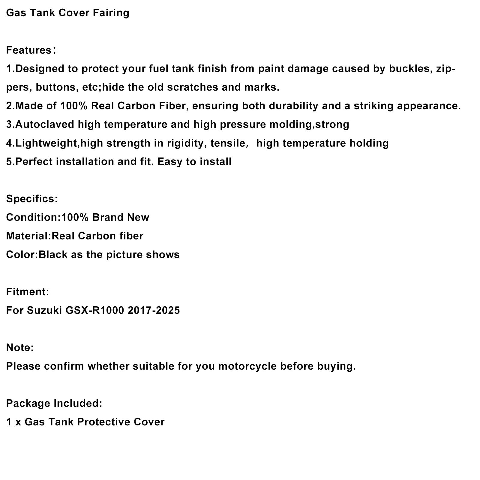 2017-2025 Suzuki GSX-R1000 GSXR1000 Real Carbon Fiber Tank Cover Fairing