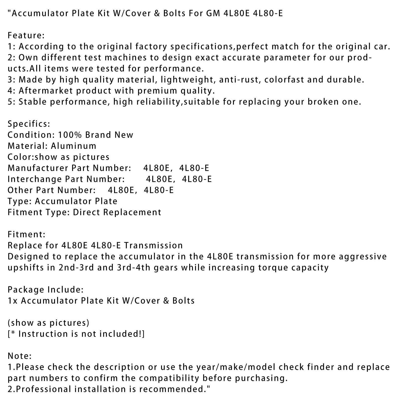 Accumulator Plate Kit W/Cover & Bolts For GM 4L80E 4L80-E