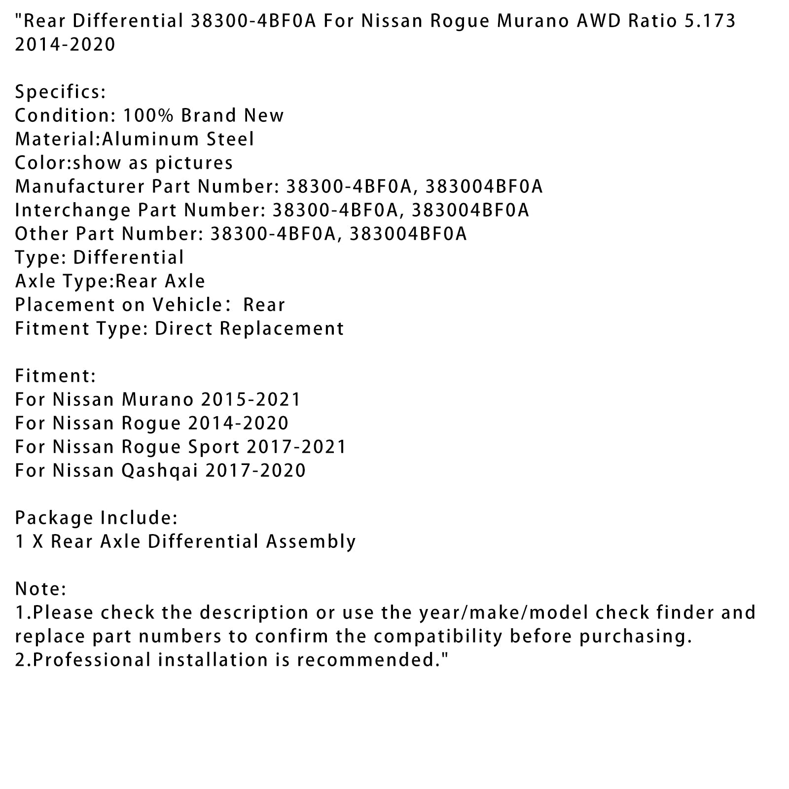 2017-2020 닛산 캐시카이 리어 디퍼렌셜 38300-4BF0A