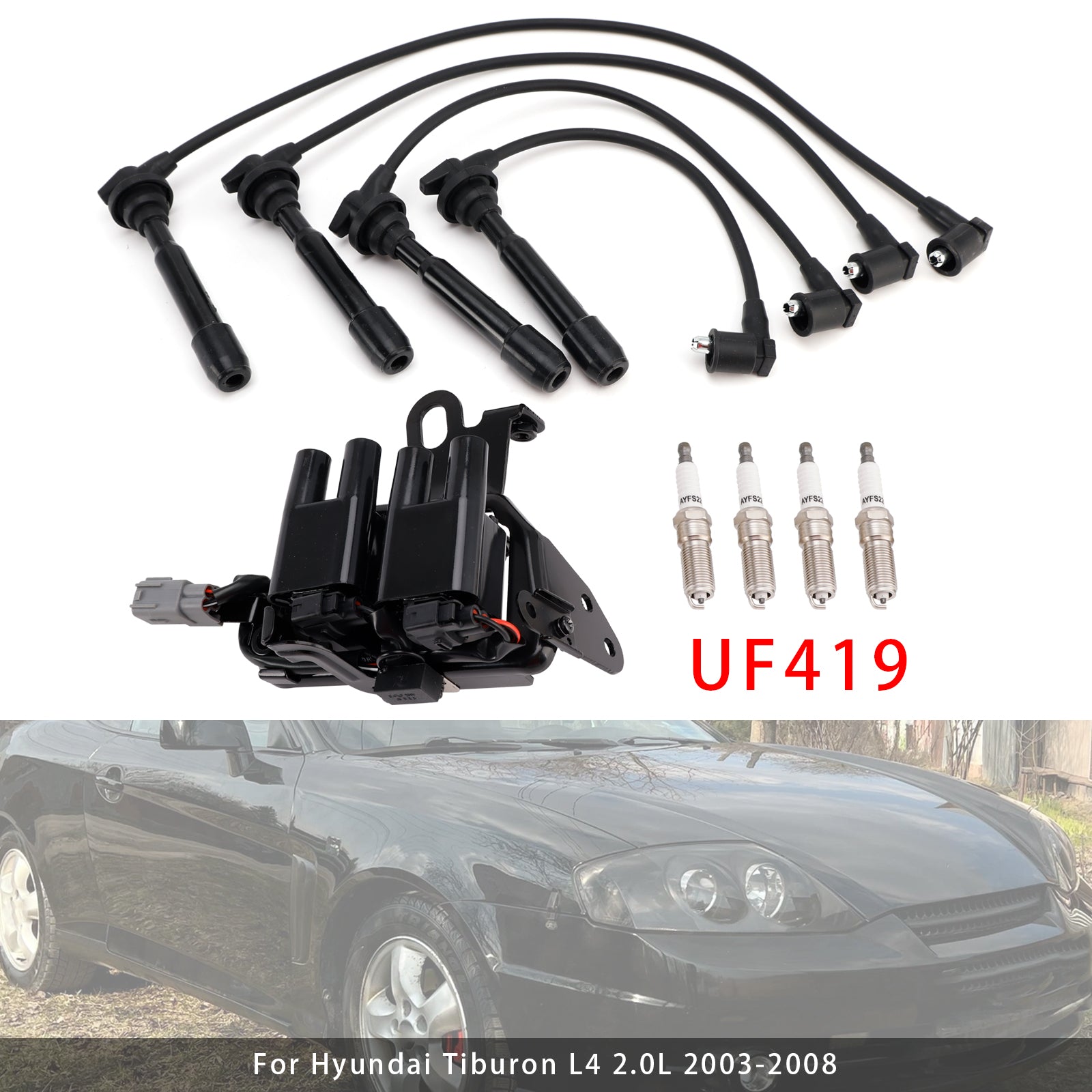 2005-2009 For Hyundai Tuscon L4 2.0L 1 Ignition Coil+4 Spark Plug+ Wires Pack 52-1772