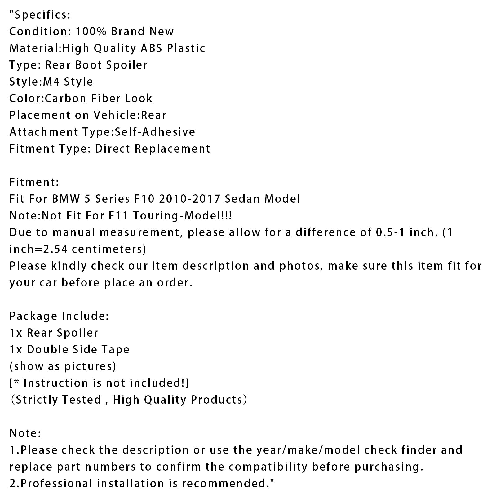 2010-2016 BMW 5 Series F10 M4 Style Carbon Fiber Look Rear Boot Spoiler