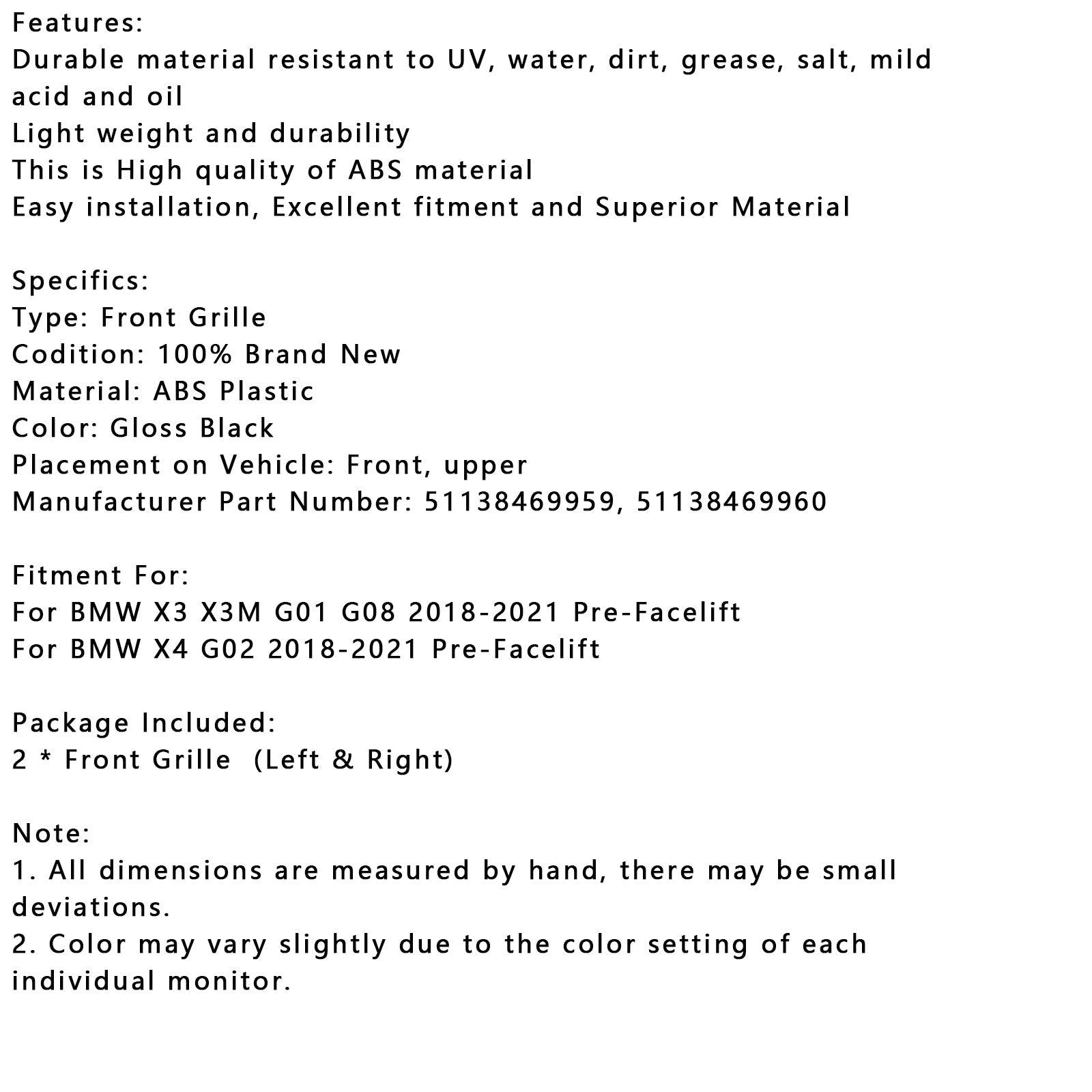 광택 검은 전면 신장 그릴 메쉬 그릴 피트 BMW X4 G02 X3 G01 G08 2018-2021