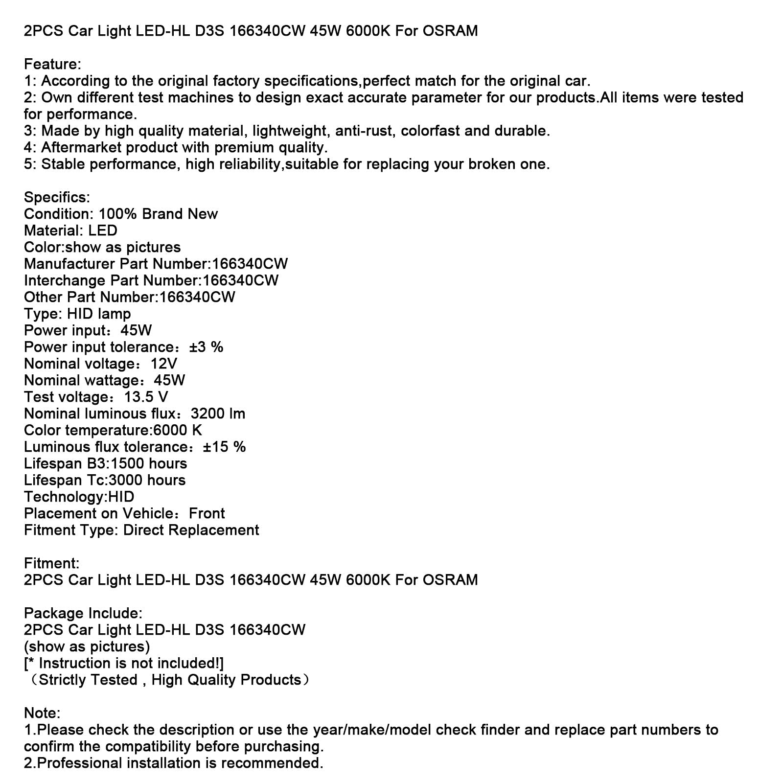오스람용 2개 자동차 조명 LED-HL D3S 166340CW 45W 6000K