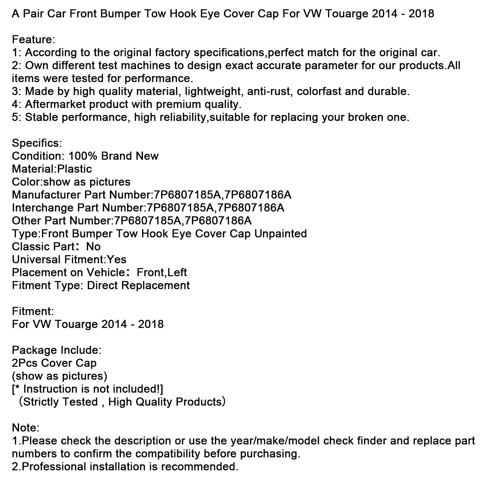 A Pair Car Front Bumper Tow Hook Eye Cover Cap For VW Touarge 2014 - 2018