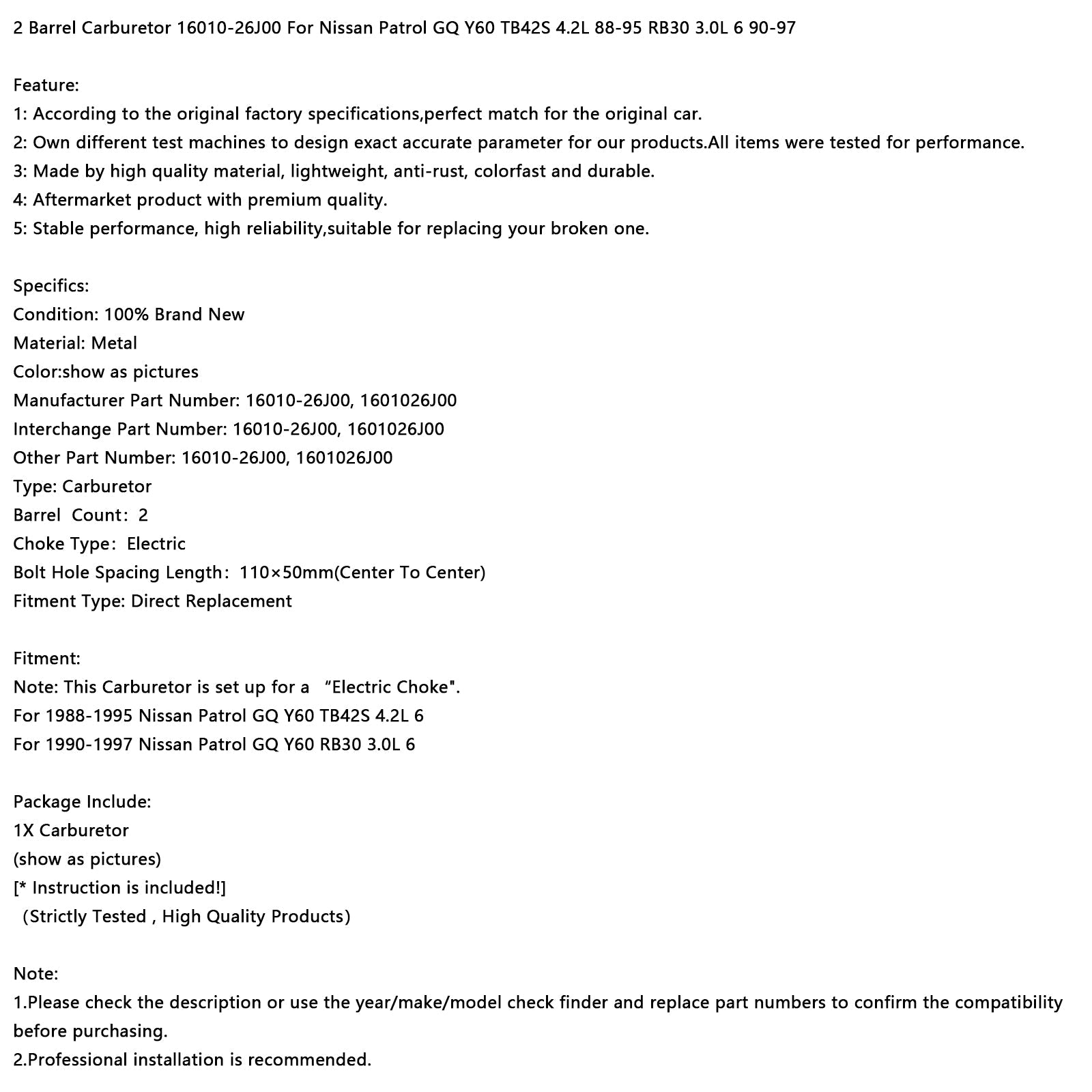 1990-1997 Nissan Patrol GQ Y60 RB30 3.0L 6 2 Barrel Carburetor 16010-26J00