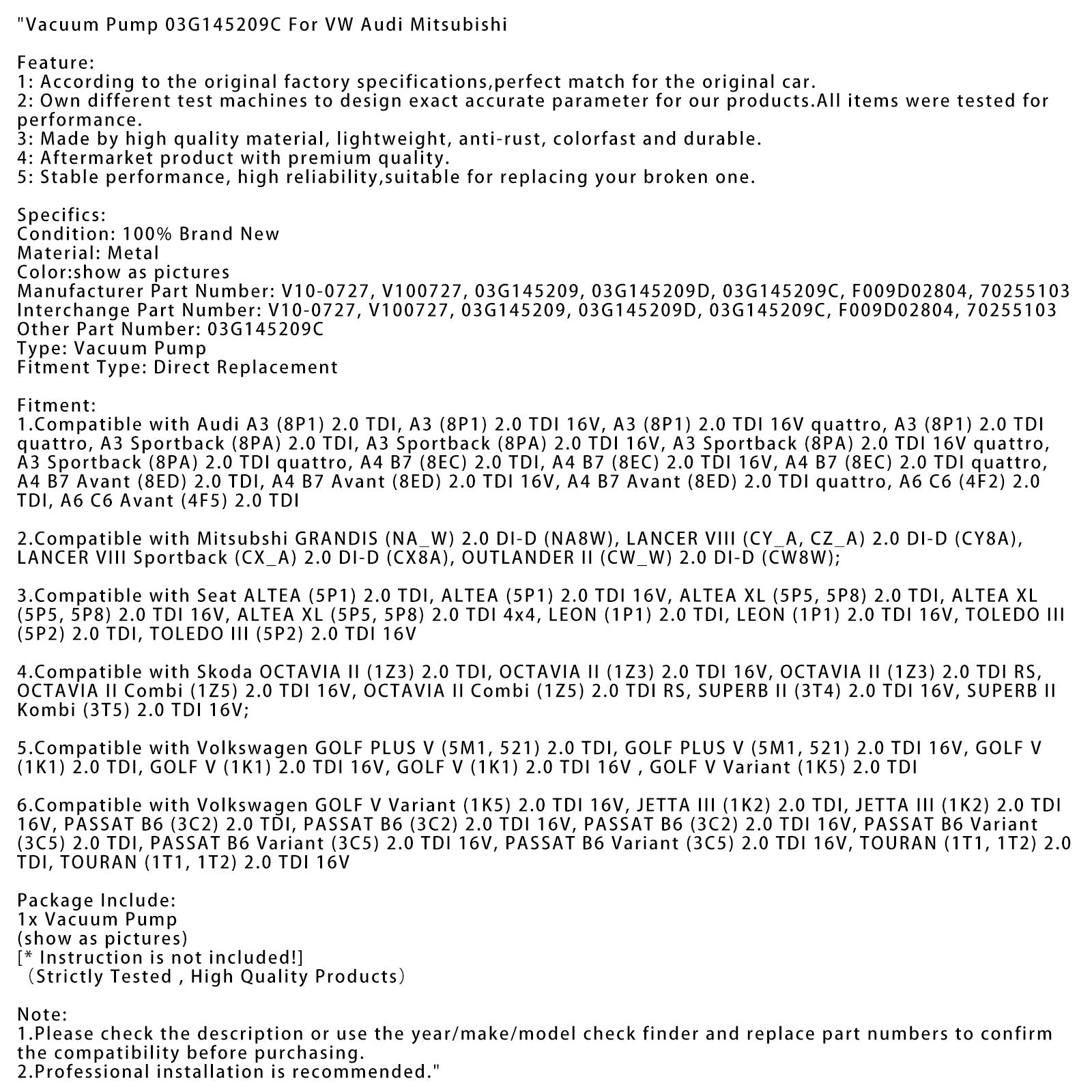 Vacuum Pump 03G145209C For VW Audi Mitsubishi