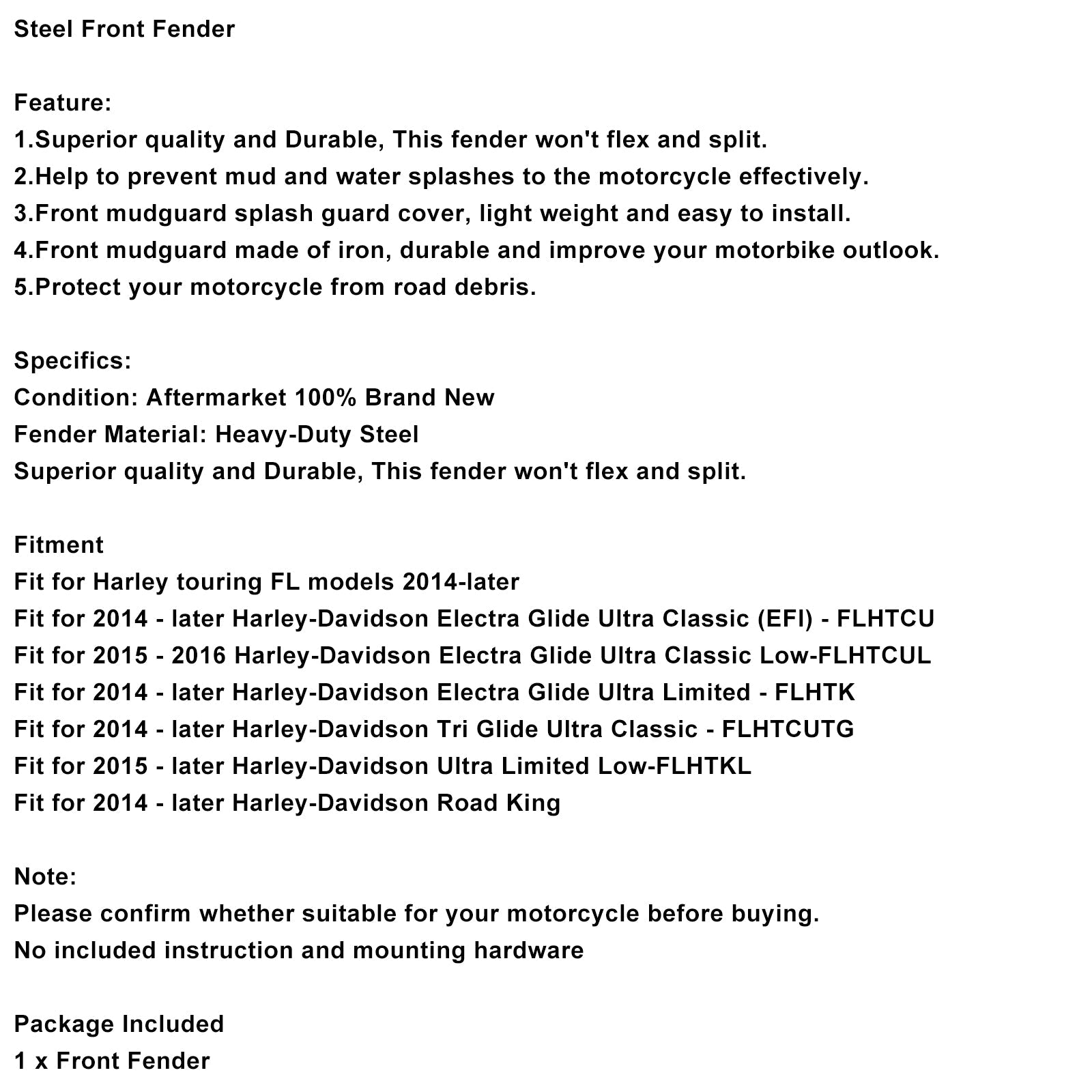 2014-2024 Touring Electra Glide Ultra Limited Steel Front Fender Mudguard