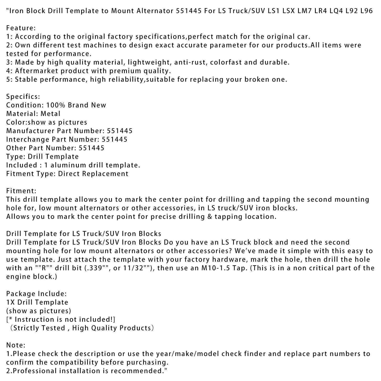 LS 트럭/SUV LS1 LSX용 발전기 551445 장착용 철제 블록 드릴 템플릿