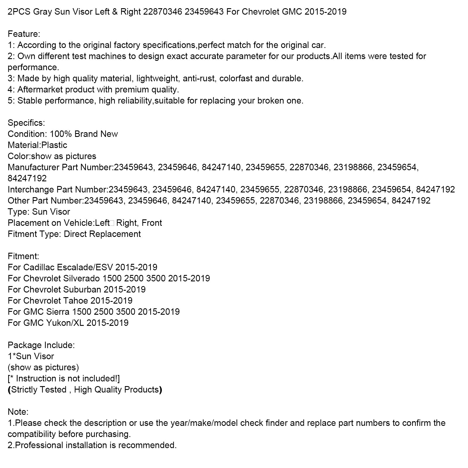 2PCS Gray Sun Visor Left & Right 22870346 23459643 For Nissan Altima 2013-2018