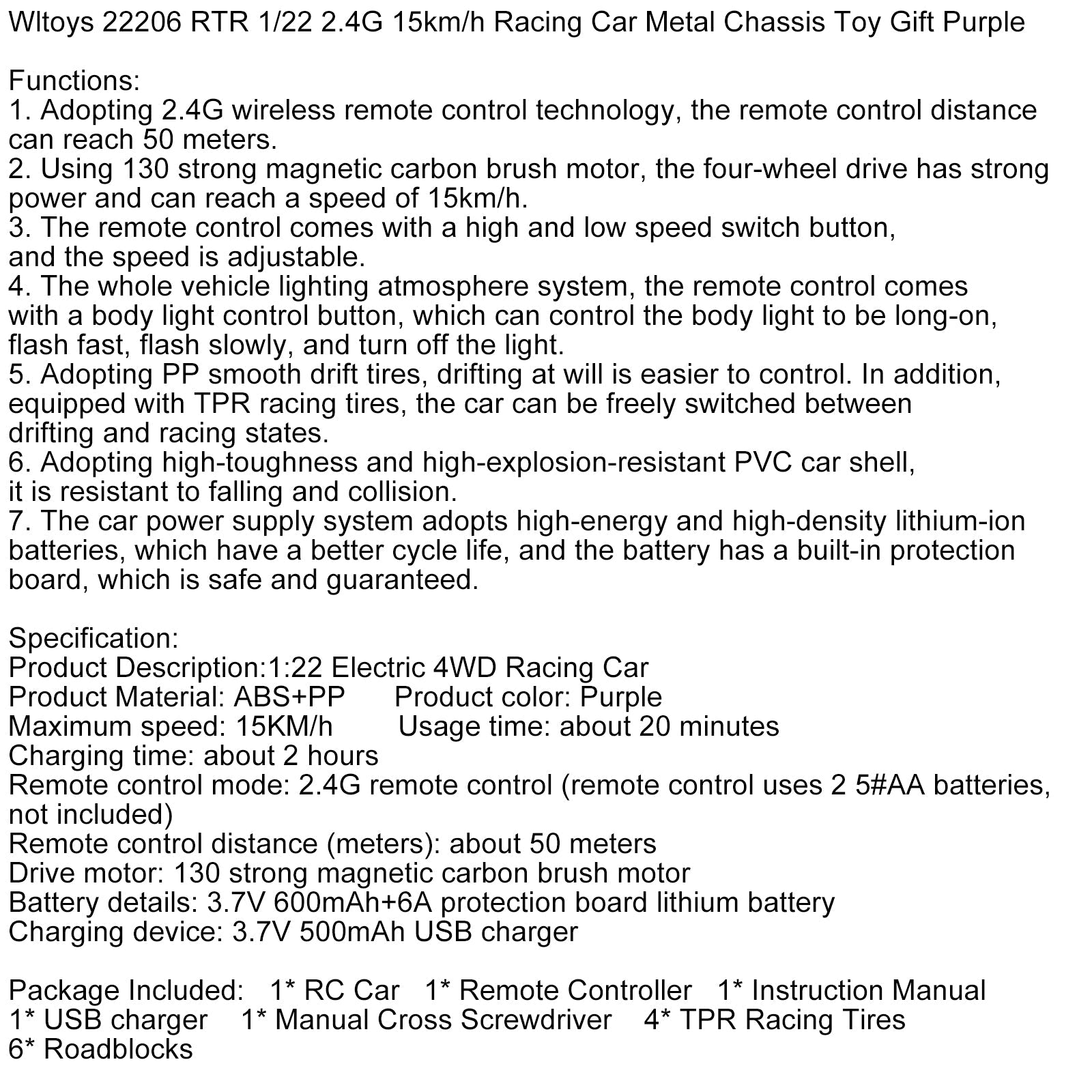 Wltoys 22206 RTR 1/22 2.4G 15km/h Racing Car Metal Chassis Toy Gift Purple