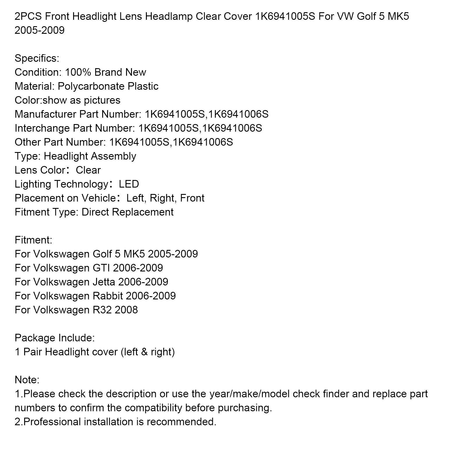 2005-2009 폭스바겐 골프 5 MK5 2개 전면 헤드라이트 렌즈 헤드램프 투명 커버 1K6941005S