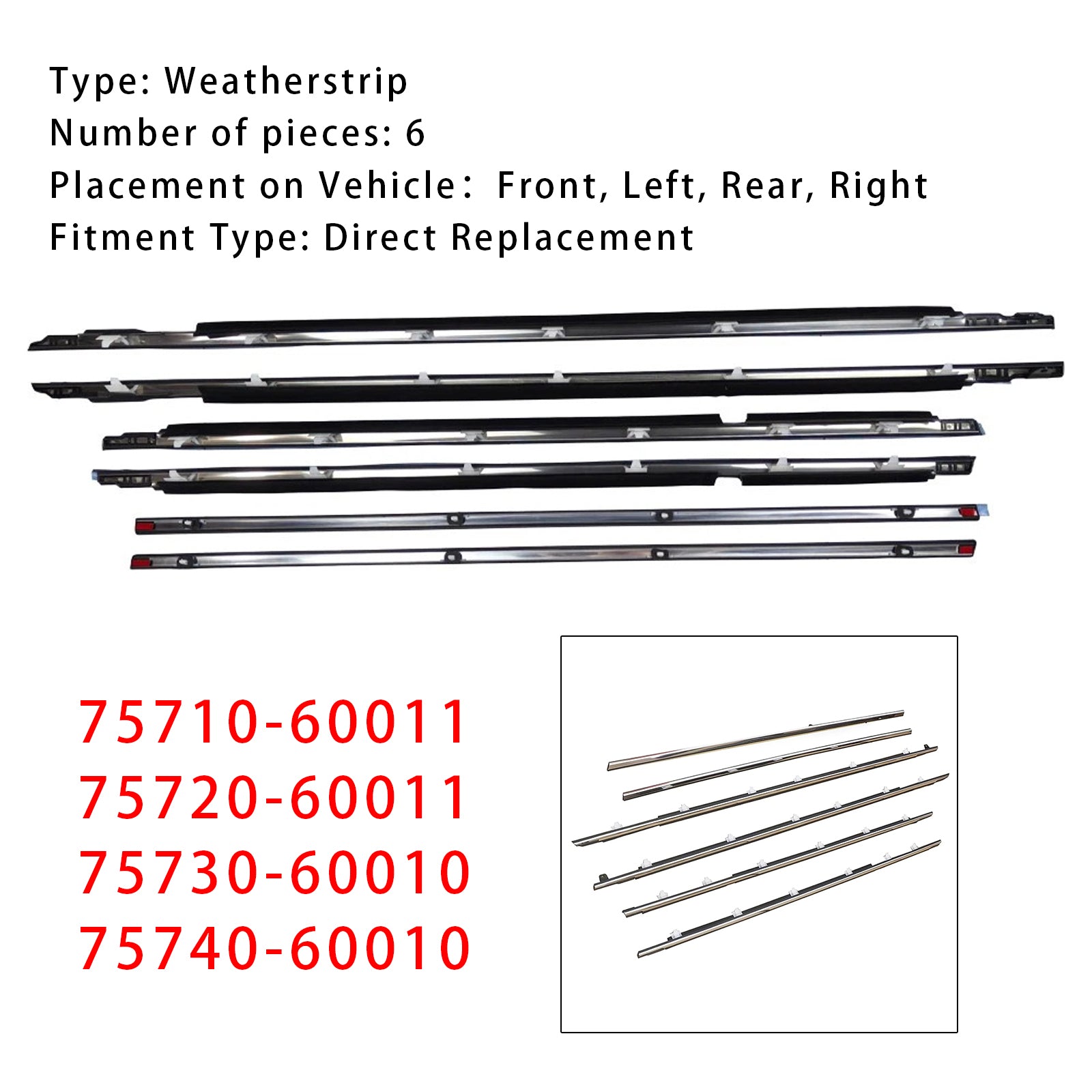 1991-1997 Toyota Land Cruiser 80 Series 6PCS Door Belt Molding 75710-60011 75720-60011