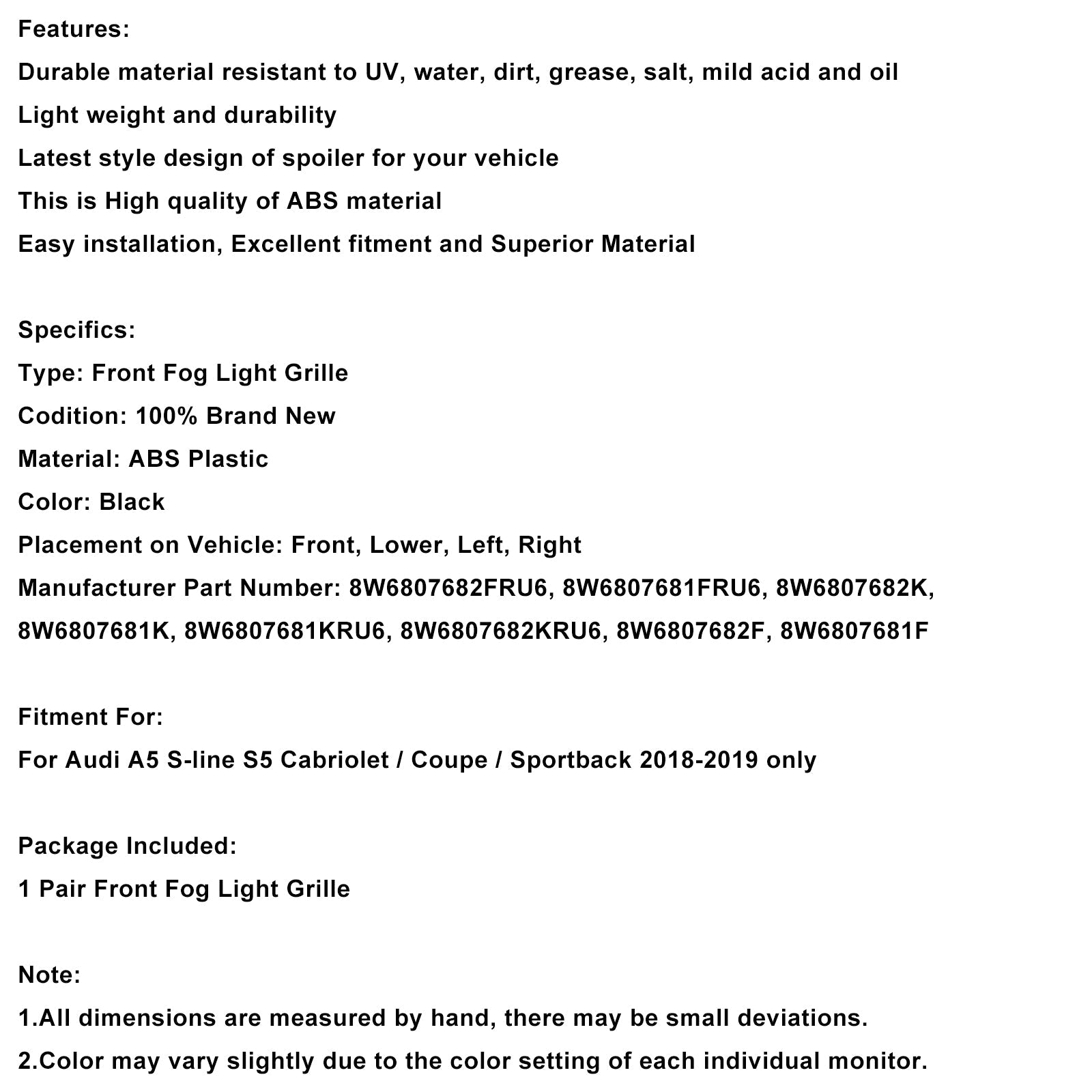2018-2019 Audi A5 S-Line S5 2PCS Front Bumper Fog Light Grille Cover