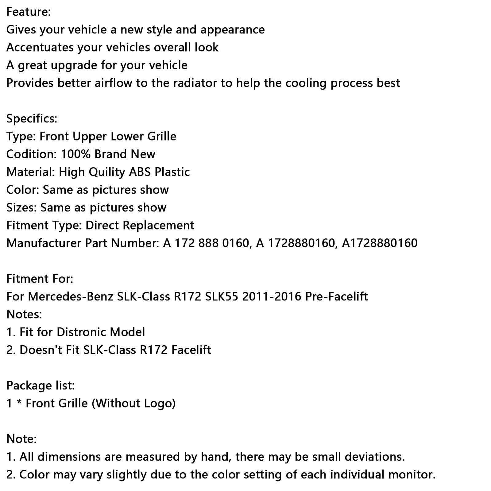 2011-2016 Mercedes-Benz SLK-Class R172 SLK55 Pre-Facelift Chrome Front Upper Lower Grille Fit Mercedes SLK-Class R172 SLK55