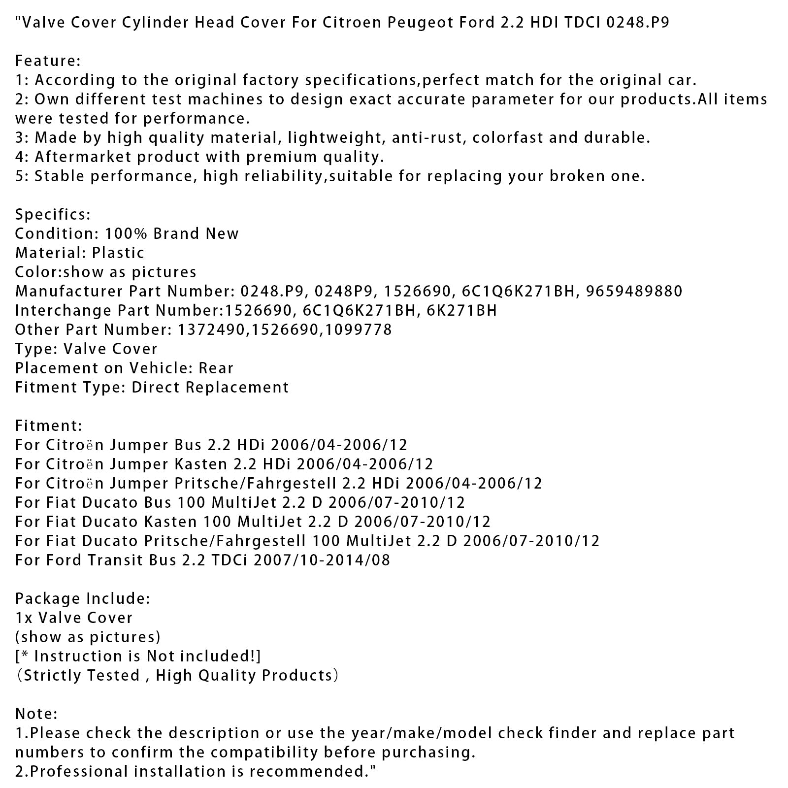 2006/07-2010/12 Fiat Ducato Kasten 100 MultiJet 2.2 D Valve Cover Cylinder Head Cover 0248.P9 9659489880
