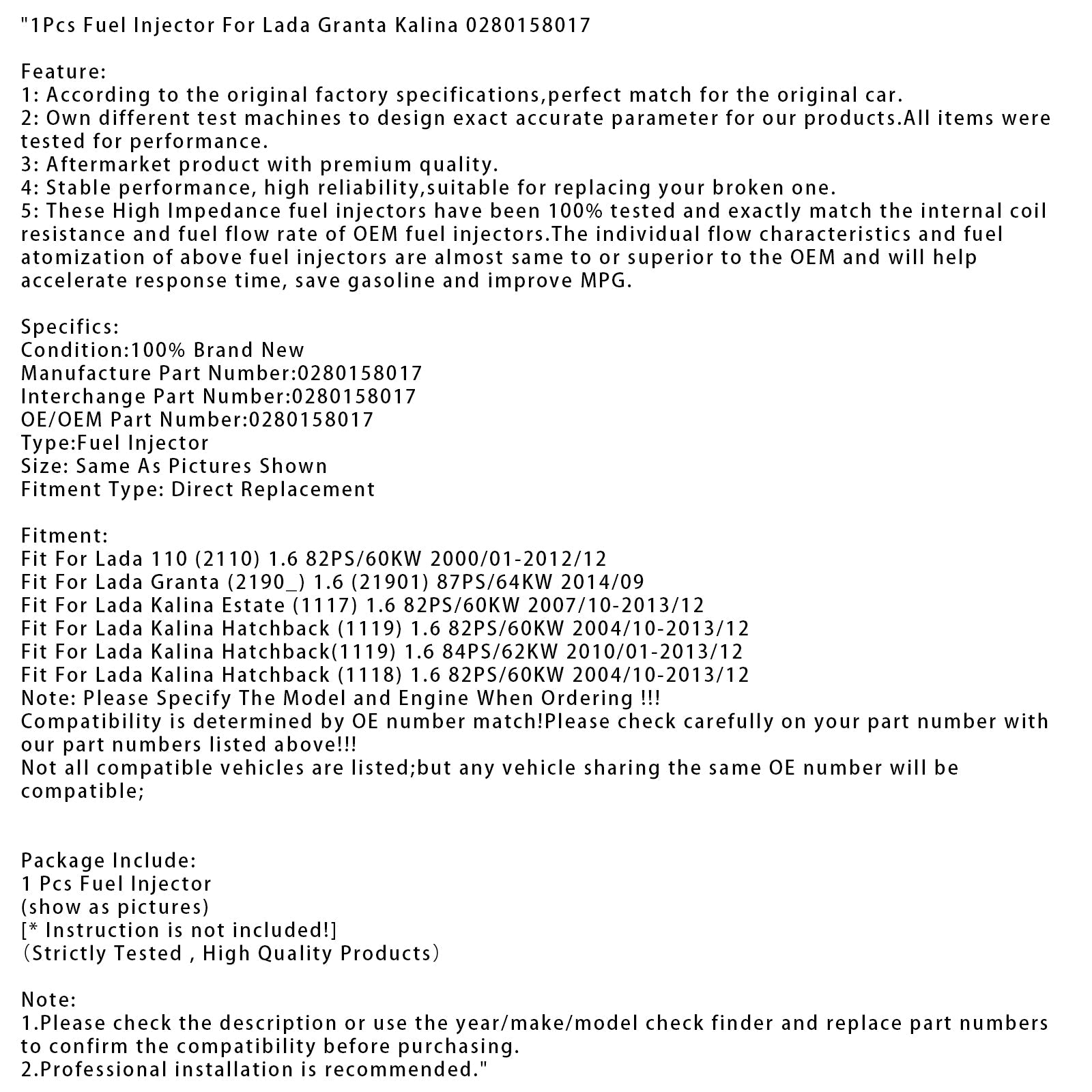 1Pcs Fuel Injector For Lada Granta Kalina 0280158017