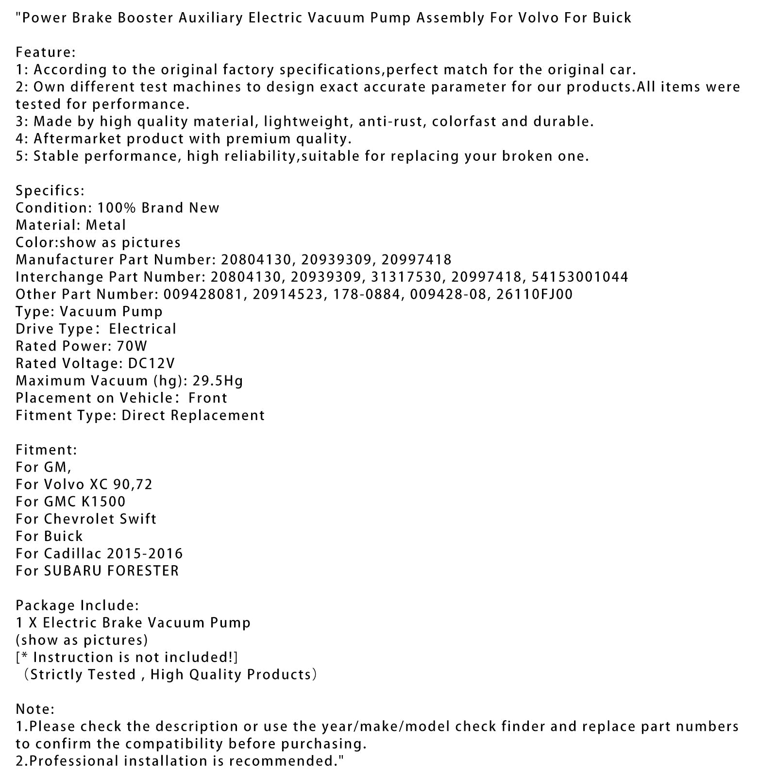 Power Brake Booster Auxiliary Electric Vacuum Pump Assembly For Volvo