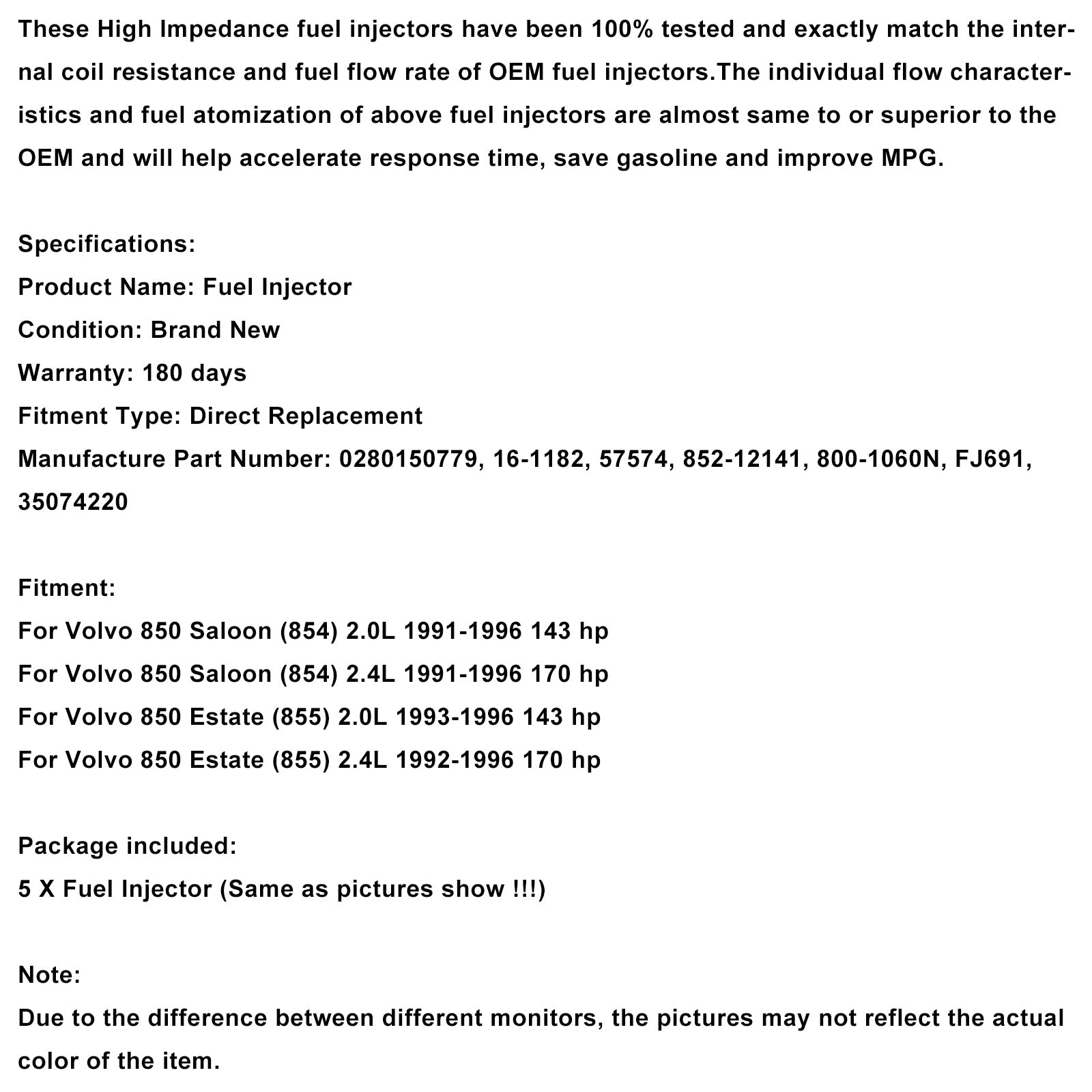5PCS Fuel Injector 0280150779 Fit Volvo 850 2.4L 2.0L I5 1991-1997 852-12141