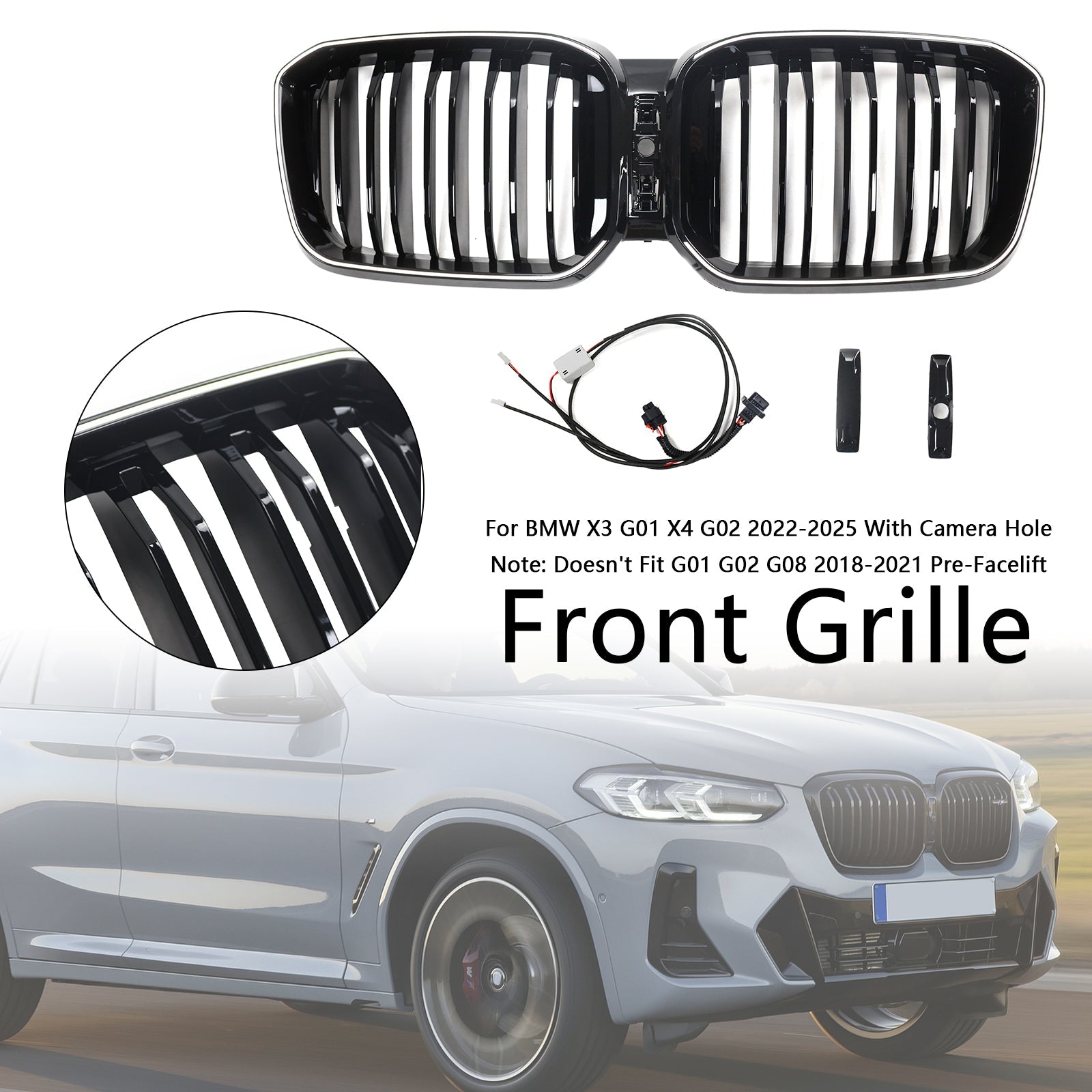 Double Slat Glossy Black Bumper Kidney Grille Fit BMW X3 G01 X4 G02 2022-2025