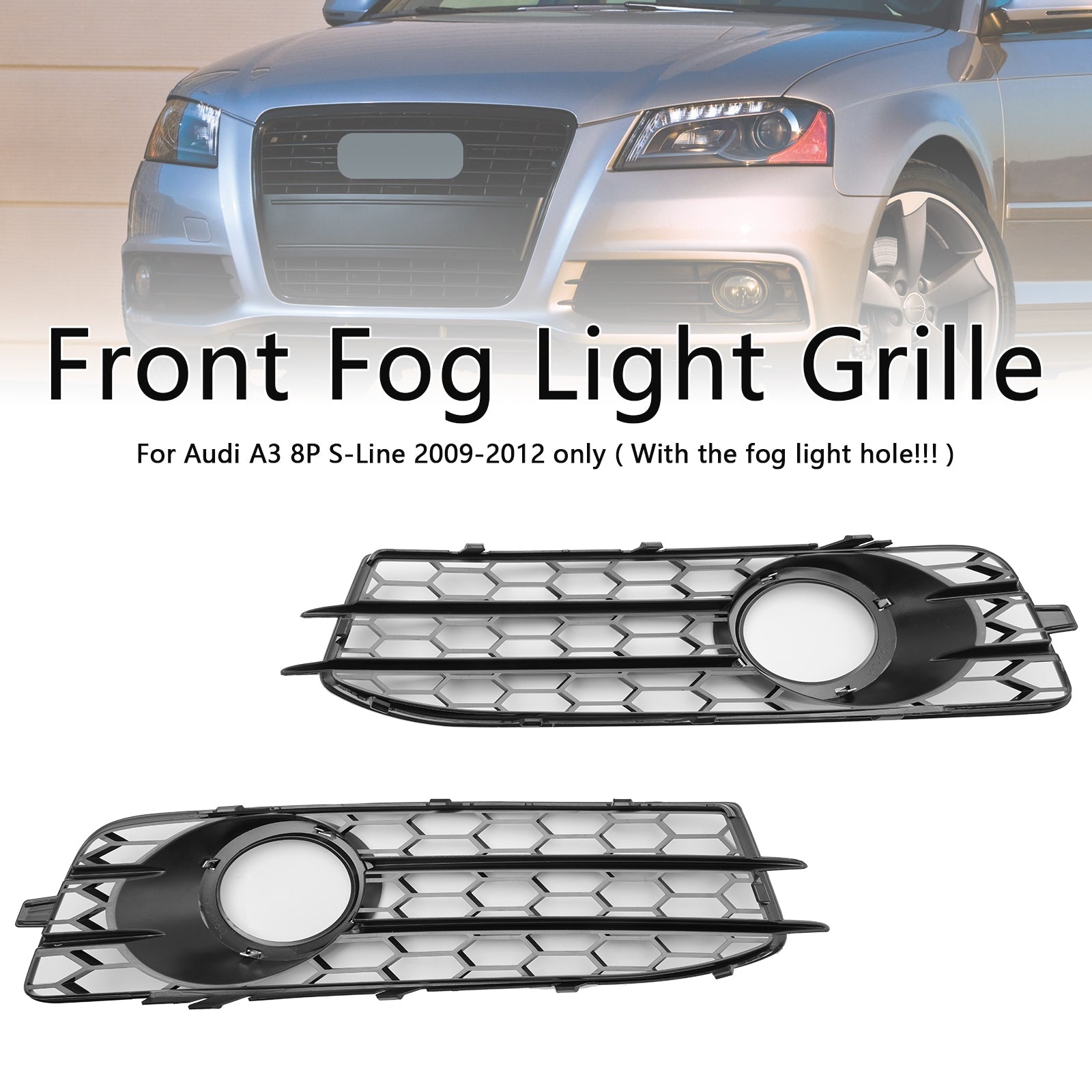 Honeycomb Front Bumper Fog Light Grille Cover Fit Audi A3 8P S-Line 2009-2012