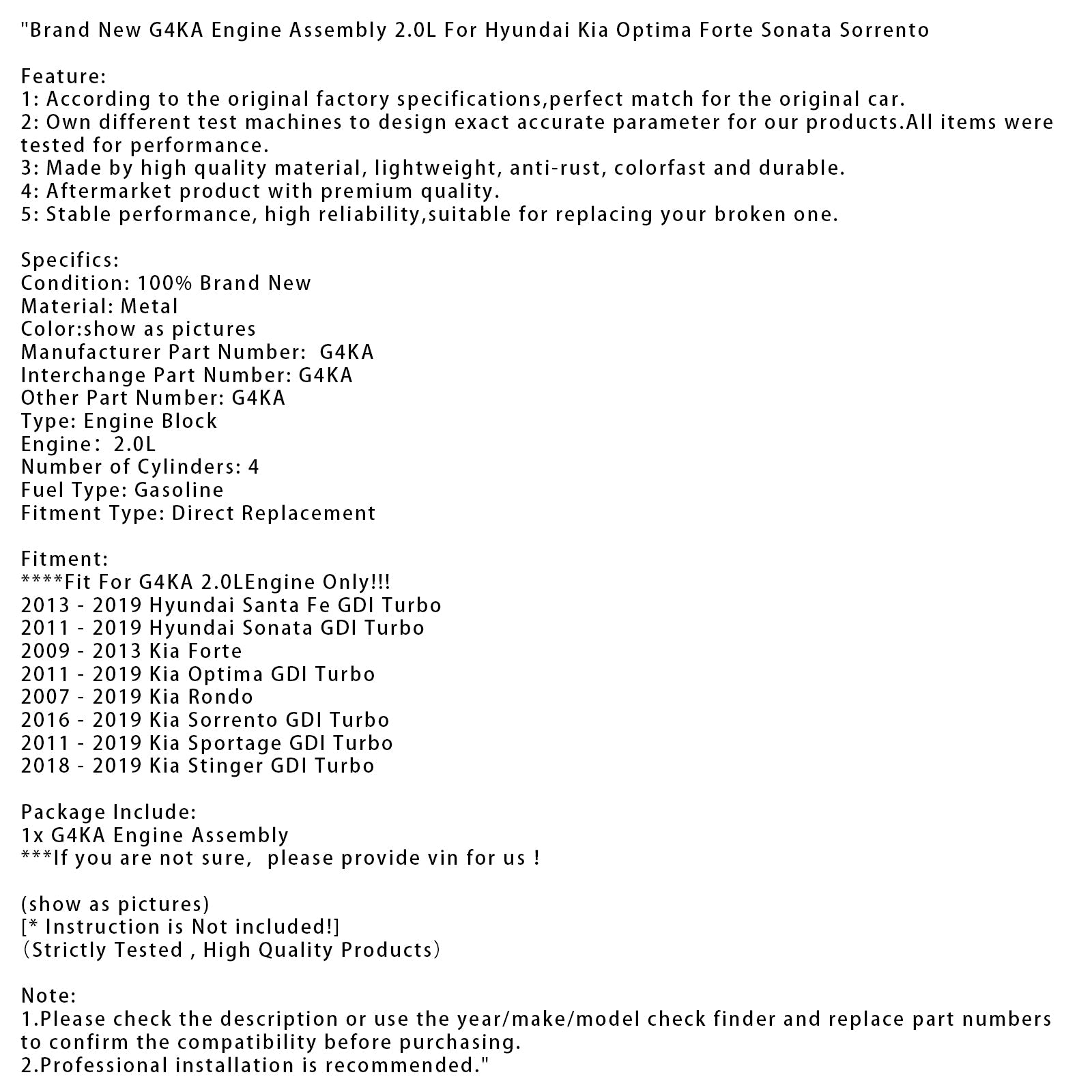 Brand New G4KA Engine Assembly 2.0L For Hyundai Kia Optima Forte Sonata Sorrento