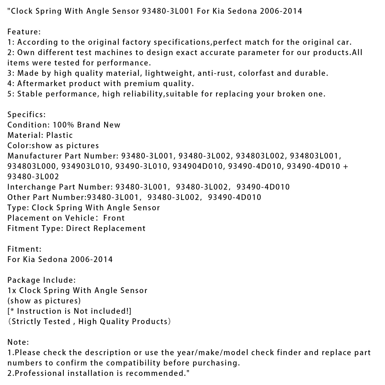 2006-2014 Kia Sedona Clock Spring With Angle Sensor 93480-3L001