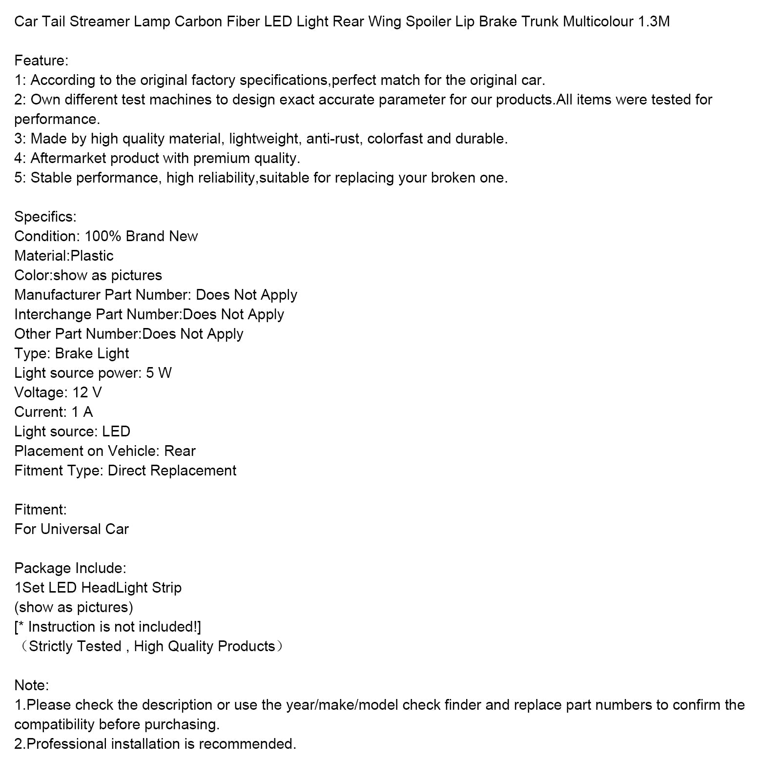 Car Tail Streamer Lamp Carbon Fiber LED Light Rear Wing Spoiler Lip Brake Trunk Multicolour 1.3M