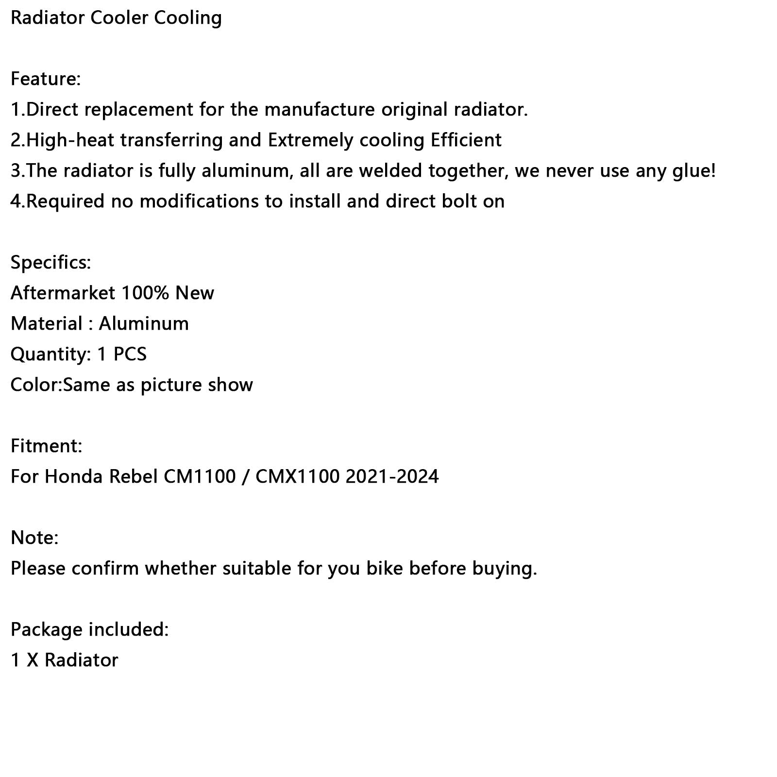 2021-2024 Honda Rebel CM1100 CMX1100 Radiator Cooling Engine Cooler