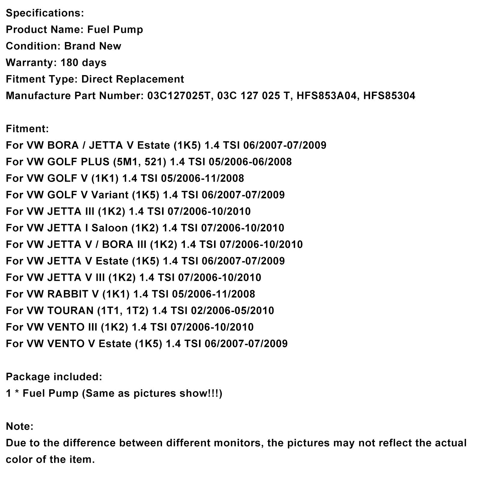 05/2006-06/2008 VW GOLF PLUS (5M1, 521) 1.4 TSI High Pressure Fuel Pump 03C127025T HFS853A04