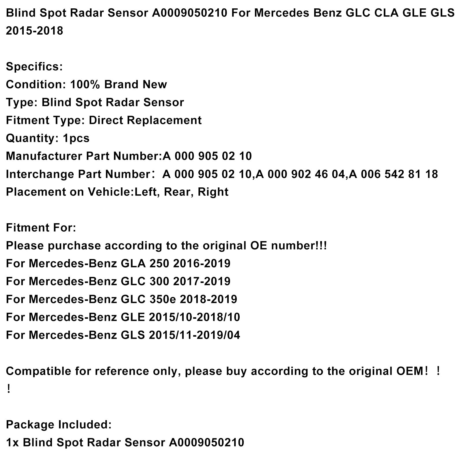 2018-2019 Mercedes-Benz GLC 350e Blind Spot Radar Sensor A0009050210