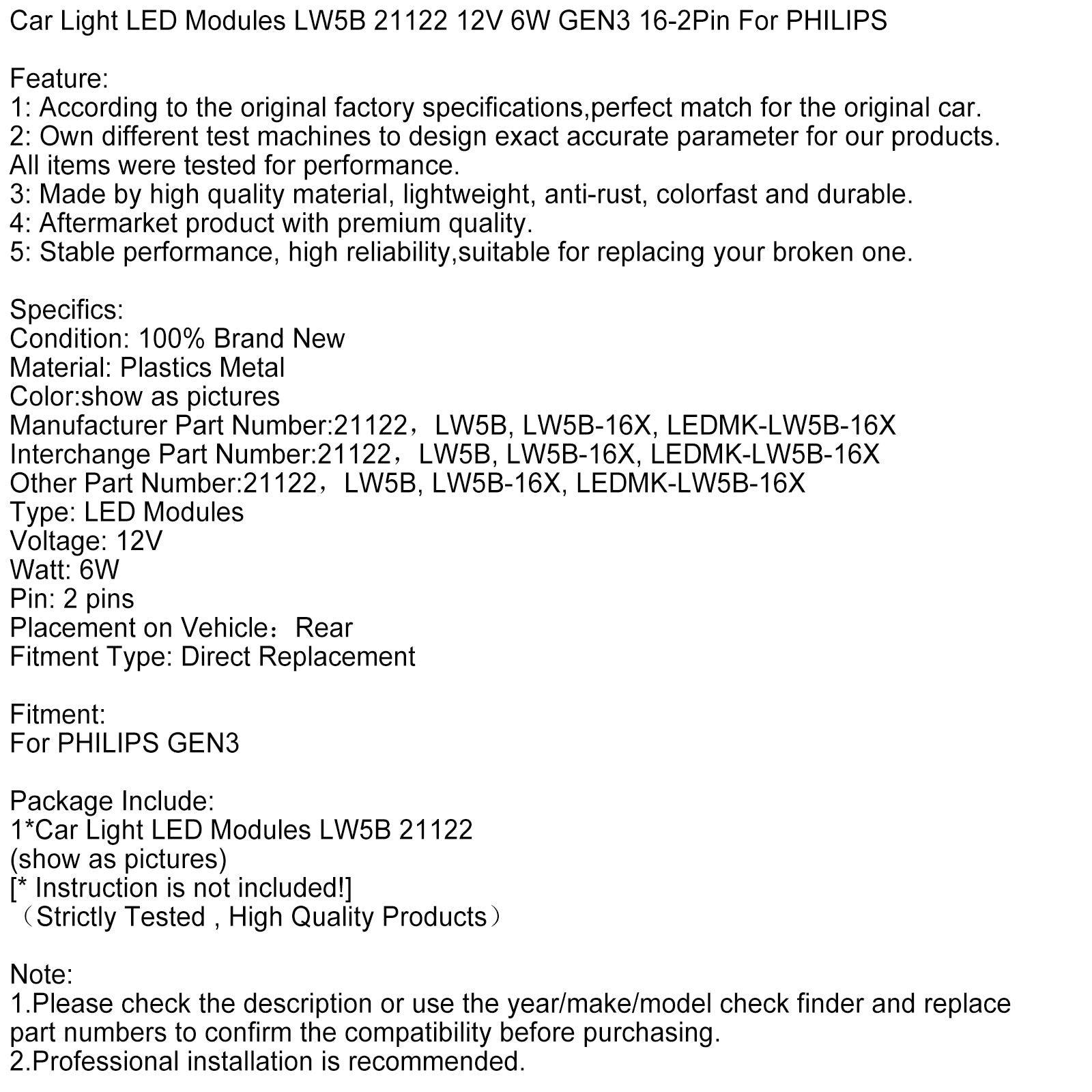 Car Light LED Modules LW5B 21122 12V 6W GEN3 16-2Pin For PHILIPS